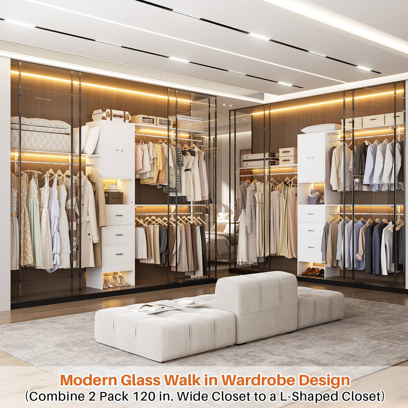 Modern Glass Walk in Wardrobe Design  
(Combine 2 Pack 120 in. Wide Closet to a L-Shaped Closet)
