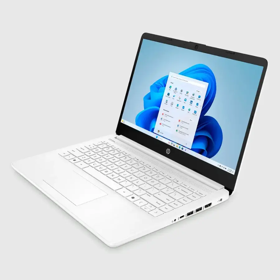 The text on the image is not coherent or organized, so I cannot group or correct it. However, I can provide a brief description of the content:

The image features a white laptop with a blue screen. The screen displays a blue flower and a white background. The laptop's keyboard is visible, with the space bar being the most prominent key.