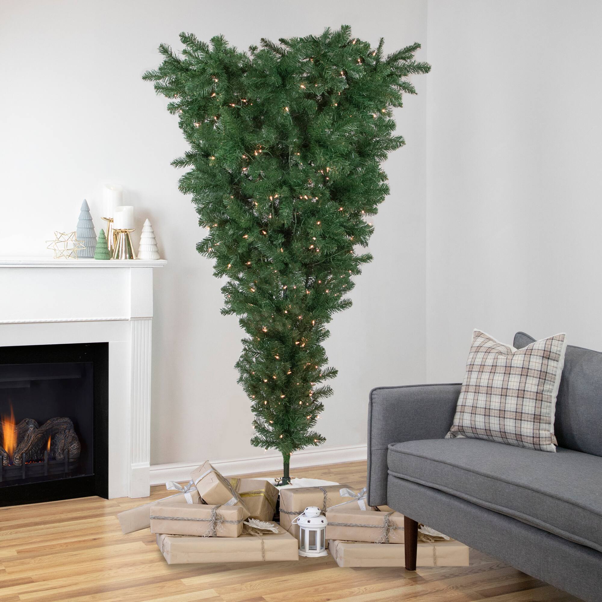 Front. Northlight - Pre-Lit Green Spruce Artificial Upside Down Christmas Tree - 7.5' - Clear Lights - Green.