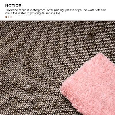 NOTICE: Textilene fabric is waterproof. After raining, please wipe the water off and drain the water to prolong its service life.