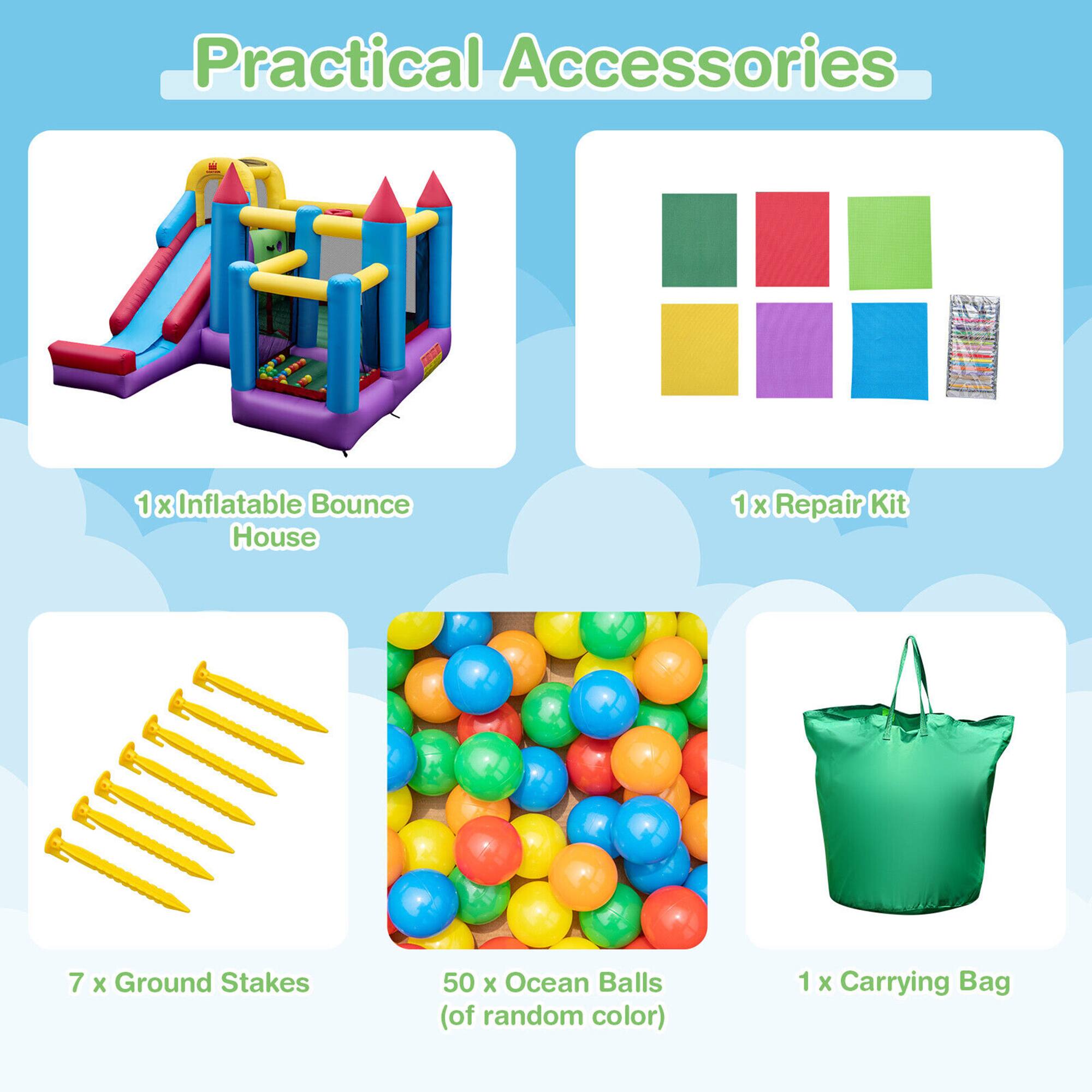 Practical Accessories

1 x Inflatable Bounce House  
1 x Repair Kit  
7 x Ground Stakes  
50 x Ocean Balls (of random color)  
1 x Carrying Bag