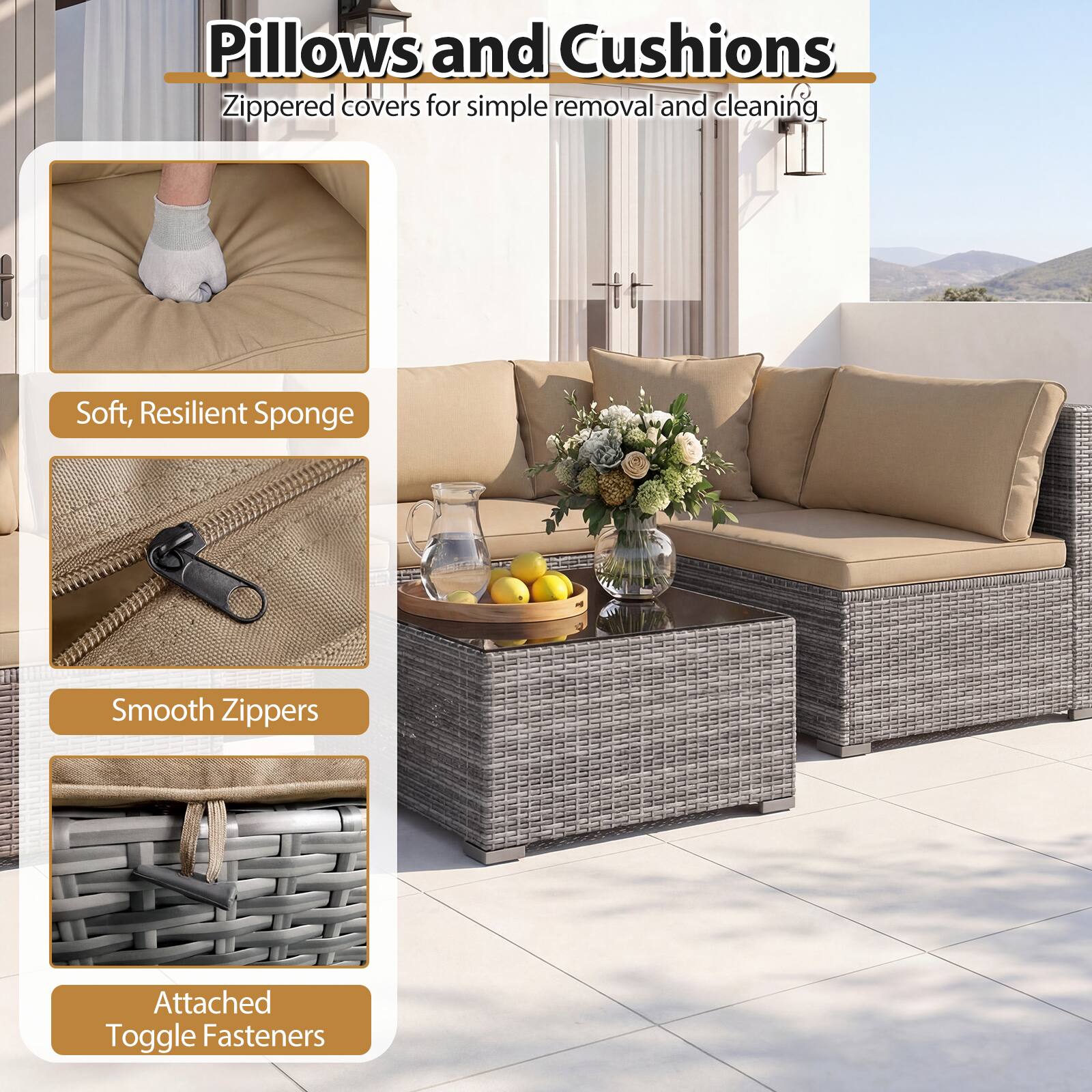 Pillows and Cushions  
Zippered covers for simple removal and cleaning  

- Soft, Resilient Sponge  
- Smooth Zippers  
- Attached Toggle Fasteners