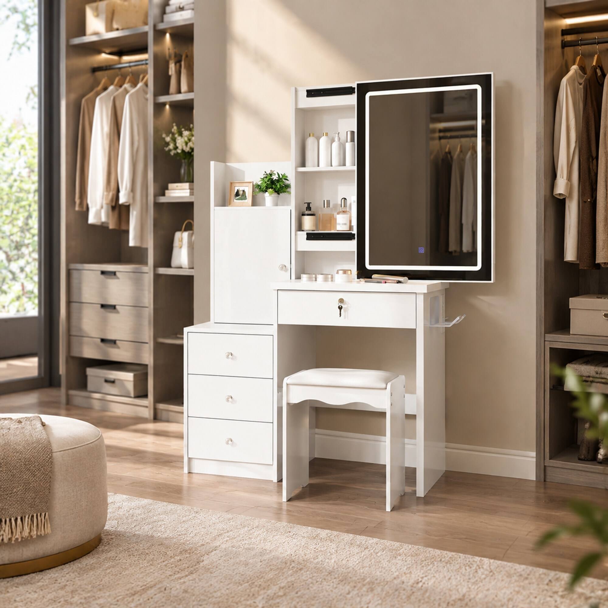 Left. RYHNUYNE - White Vanity Desk Set, Sliding Lighted Mirror, 4 Drawers, 9 Storage Spaces, Cushioned Stool, MDF - White.