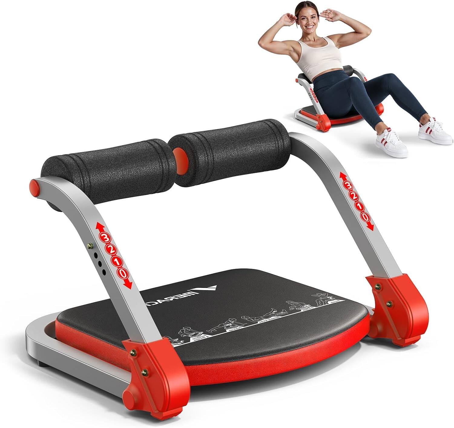 MERACH - Ab Crunch Machine Automatic Rebound for Home Gym Adjustable Sit Up Exercise Equipment with 3 Resistance Levels - Red