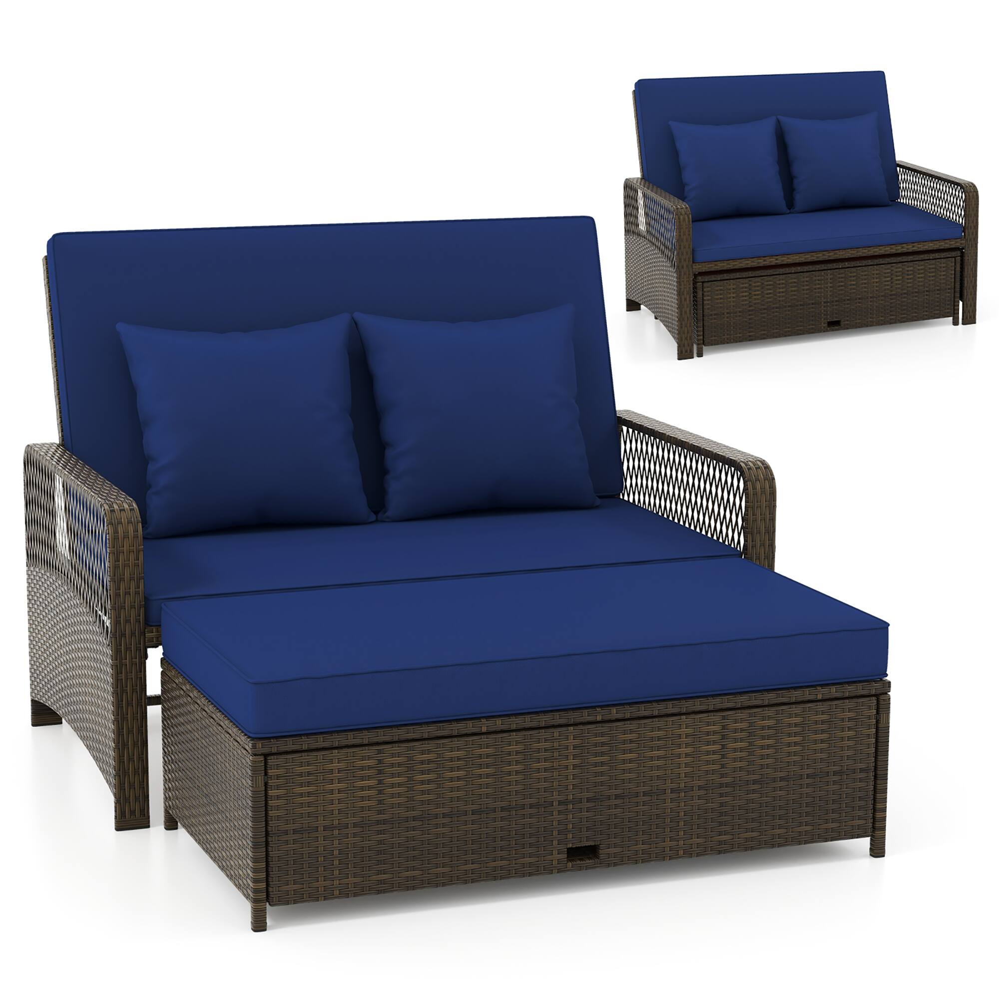 Alt View 8. Gymax - Gymax Patio Rattan Daybed Wicker Loveseat Sofa w/ Multifunctional Ottoman Navy - Navy.