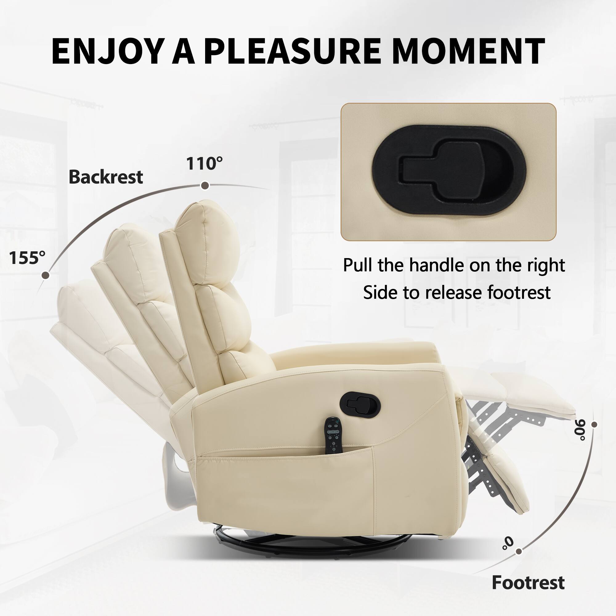 ENJOY A PLEASURE MOMENT

Backrest 110° 155°

Pull the handle on the right side to release footrest

Footrest 90° 0°