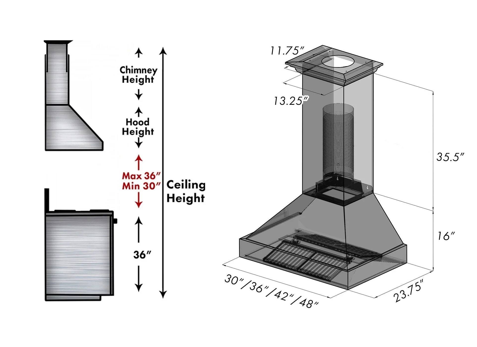 The image shows a diagram of a chimney and hood height, with the chimney height being 11.75 inches and the hood height being 13.25 inches. The diagram also indicates that the maximum ceiling height is 36 inches, with a minimum of 30 inches. The diagram also shows the dimensions of the chimney and hood, with the chimney being 36 inches in length and the hood being 48 inches in length. The diagram also includes a measurement of 23.75 inches.