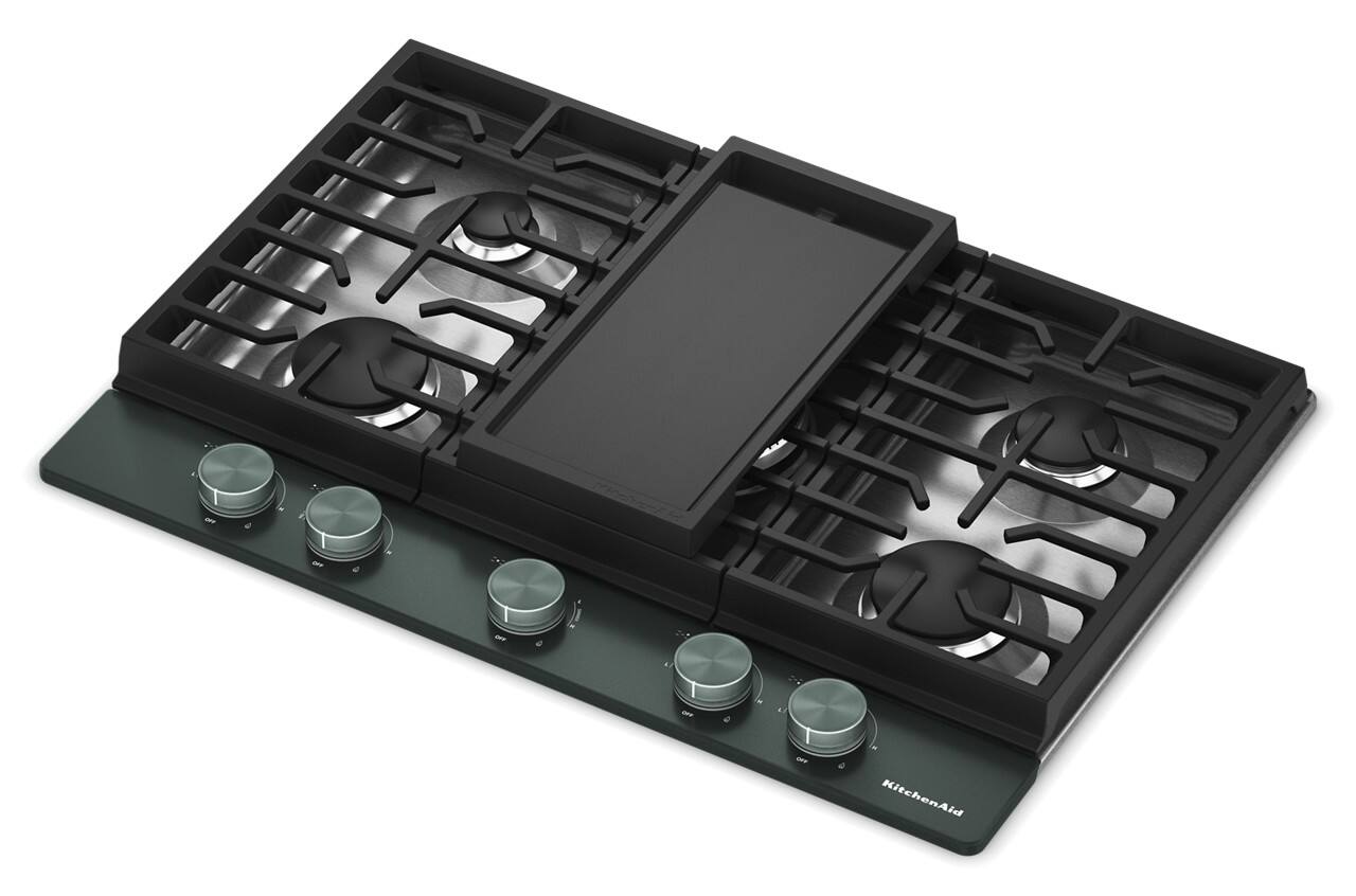 Left. KitchenAid - 30 in. Wide 5 burners Gas Cooktop with   Integrated Wok Grate - Juniper.