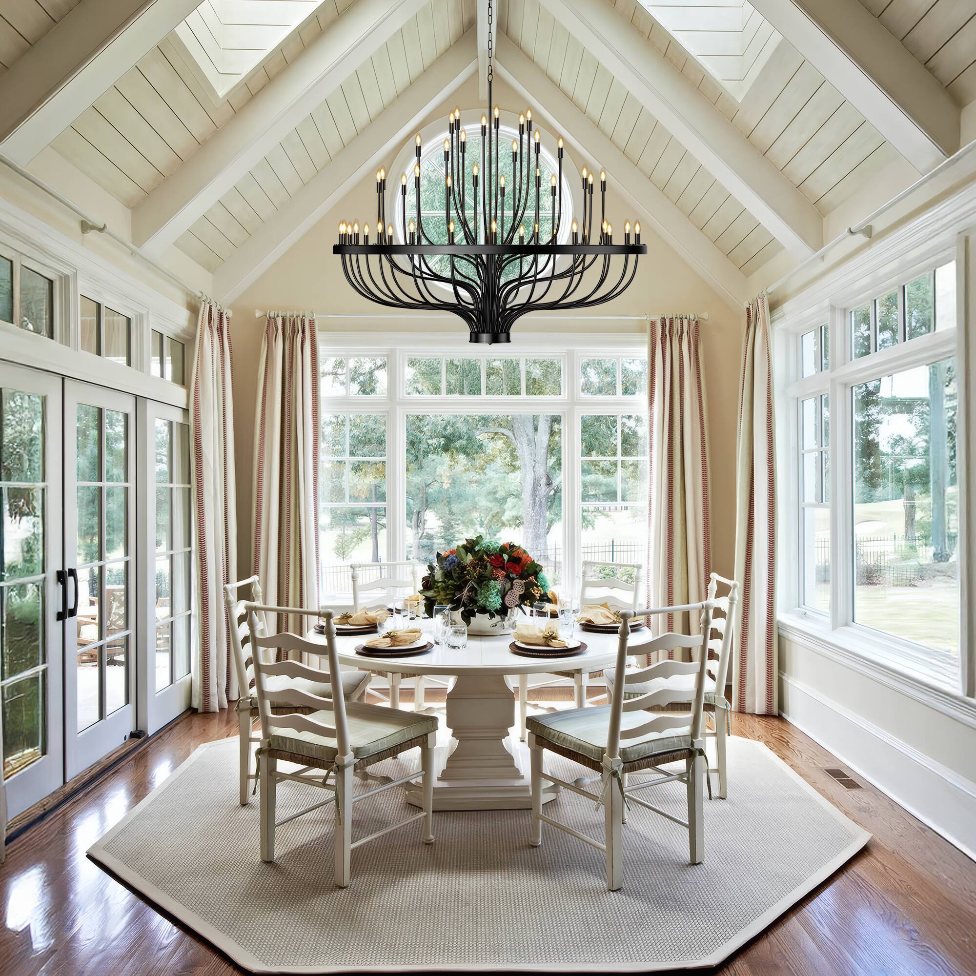 Angle. RYHNUYNE - Extra Large 48-Light Farmhouse Wagon Wheel Chandelier - Adjustable Black Pendant Light for High Ceilings - Black.