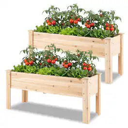 Costway - 2 PCS Wooden Raised Garden Bed with Legs, Drainage Holes, Fir Garden Box - Natural