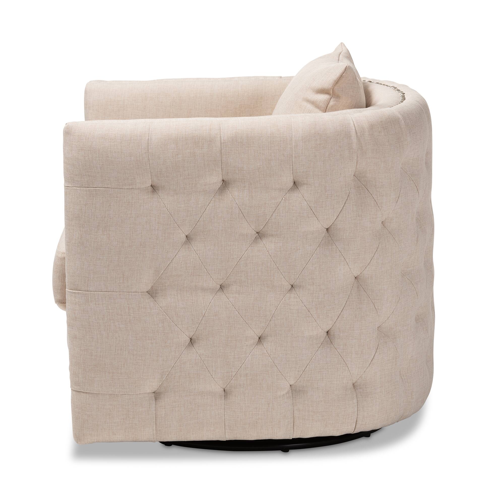 Left. Baxton Studio - Micah Modern and Contemporary Fabric Upholstered Tufted Swivel Chair - Beige.