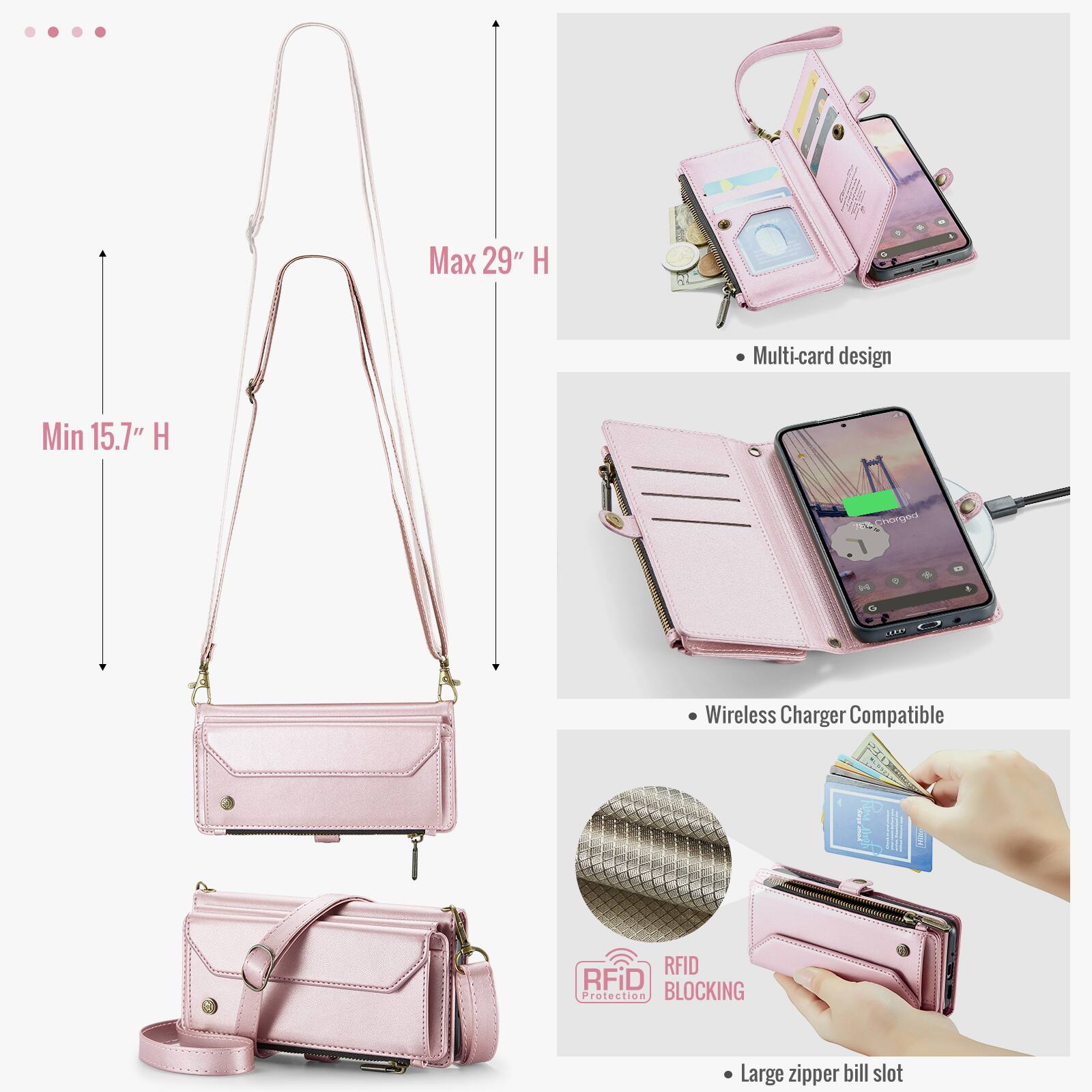 Max 29" H  
Min 15.7" H  
Multi-card design  
Wireless Charger Compatible  
RFID Protection BLOCKING  
Large zipper bill slot