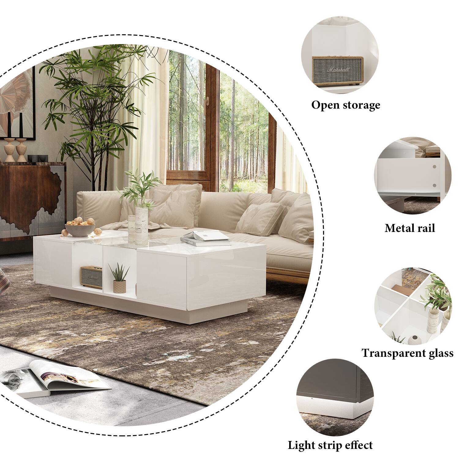 - Open storage
- Metal rail
- Transparent glass
- Light strip effect