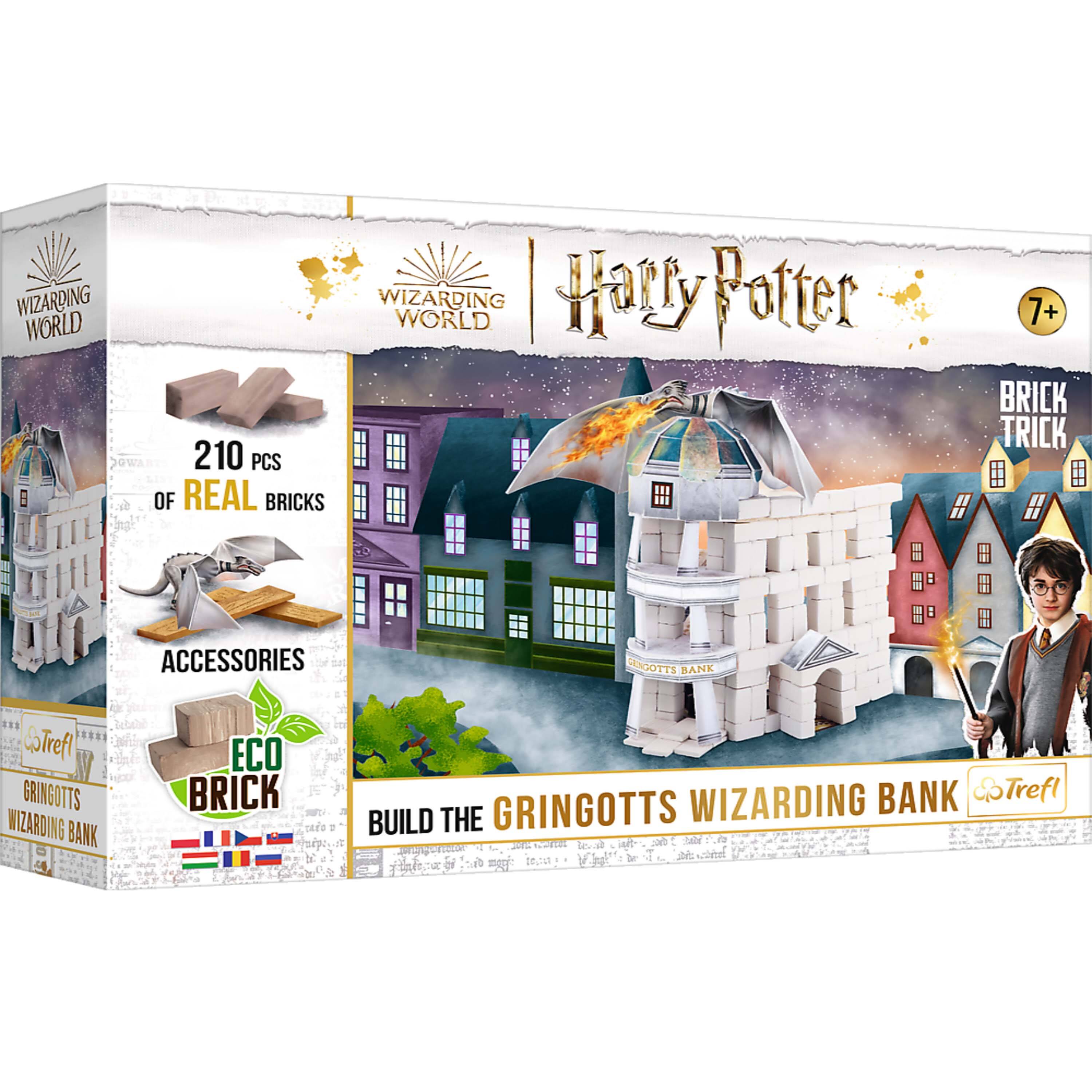 WIZARDING WORLD  
Harry Potter  
210 PCS OF REAL BRICKS  
ACCESSORIES  
ECO BRICK  
BUILD THE GRINGOTTS WIZARDING BANK  
BRICK TRICK  
7+  
Trefl
