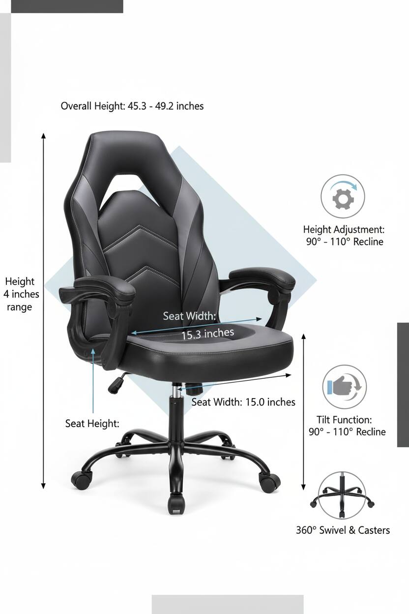 Overall Height: 45.3 - 49.2 inches  
Height Adjustment: 90° - 110° Recline  
Seat Width: 15.3 inches  
Seat Width: 15.0 inches  
Seat Height:  
Tilt Function: 90° - 110° Recline  
360° Swivel & Casters