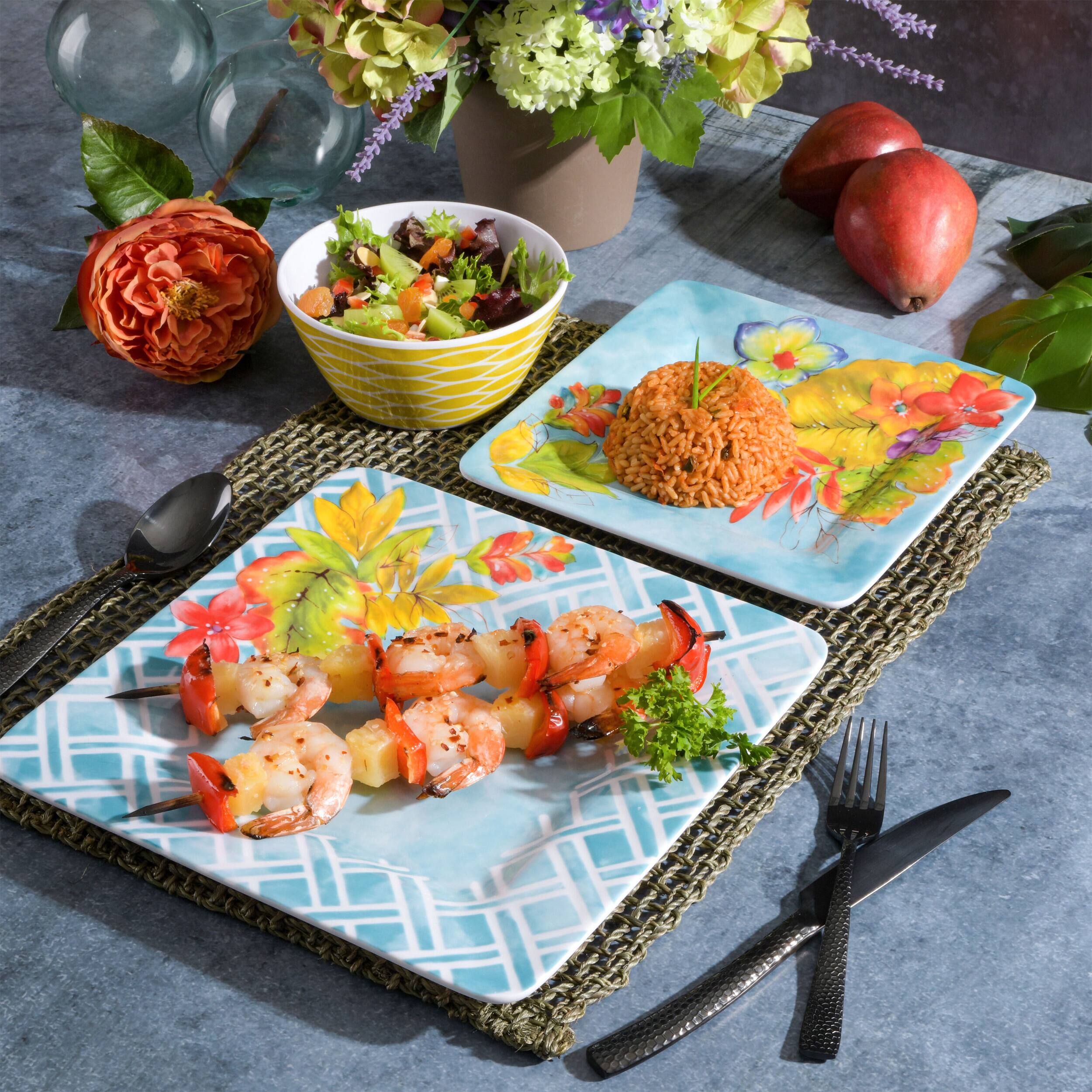 Alt View 7. Laurie Gates - Laurie Gates Tropicalla 12 Piece Square Melamine Dinnerware Set - Blue.