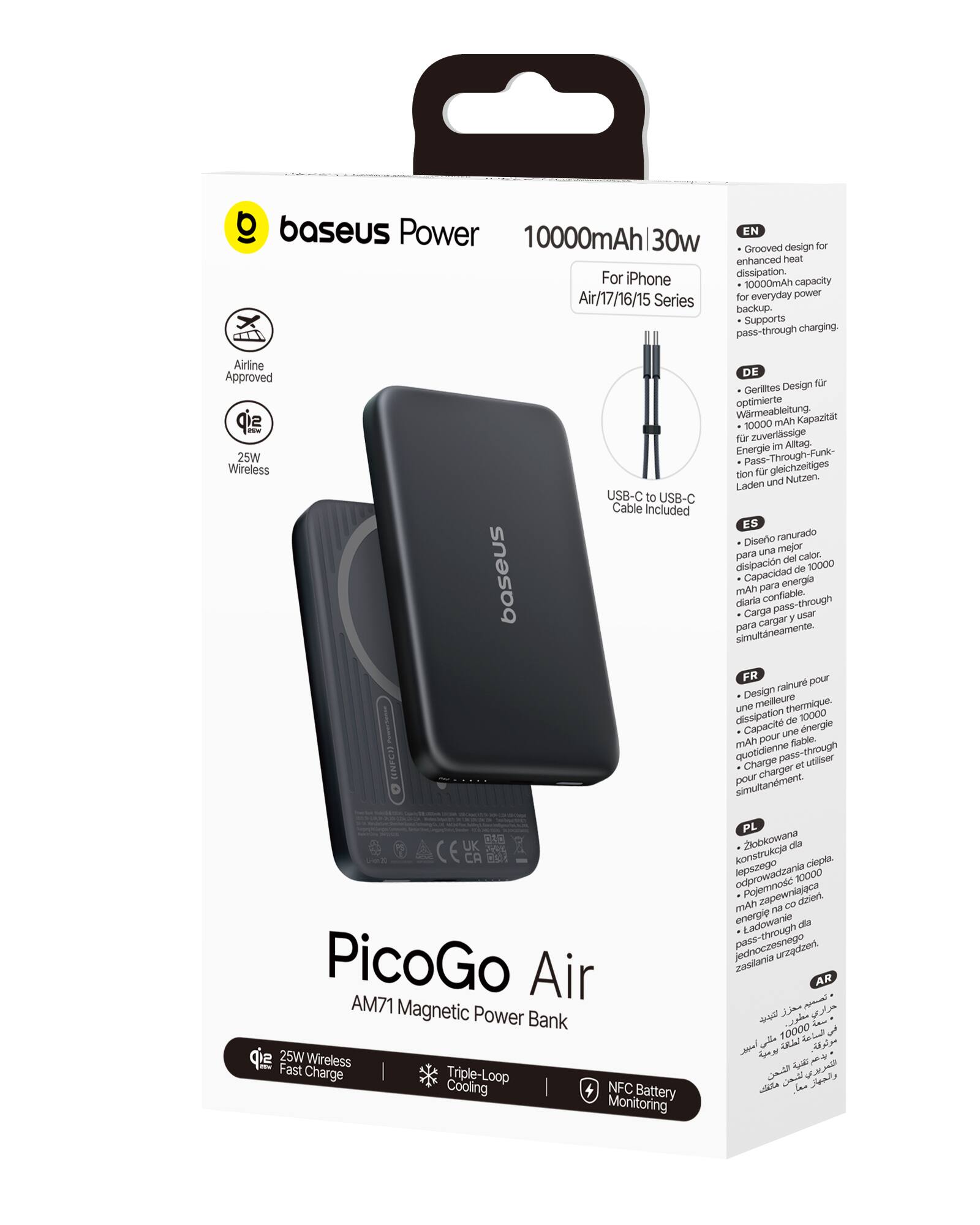 baseus Power 10000mAh 30w

Grooved design for enhanced heat dissipation. 10000mAh capacity for everyday power backup. Supports pass-through charging. Airline Approved 25W Wireless (MFCA baseus USB-C to USB-C Cable Included

EN
- Grooved design for enhanced heat dissipation.
- 10000mAh capacity for everyday power backup.
- Supports pass-through charging.

DE
- Design für optimierte Wärmeableitung.
- 10000 mAh für zuverlässige Energie im Alltag.
- Pass-Through-Funktion für gleichzeitiges Laden und Nutzen.

ES
- Diseño ranurado para una mejor disipación de calor.
- Capacidad de 10000 mAh para energía diaria confiable.
- Carga para usar para cargar simultáneamente.

FR
- Design rainuré pour une meilleure dissipation thermique.
- Capacité de 10000 mAh pour une énergie quotidienne.
- Charge pour utiliser et charger simultanément.

PL
- Zbiorowa konstrukcja dla lepszego odprowadzania c