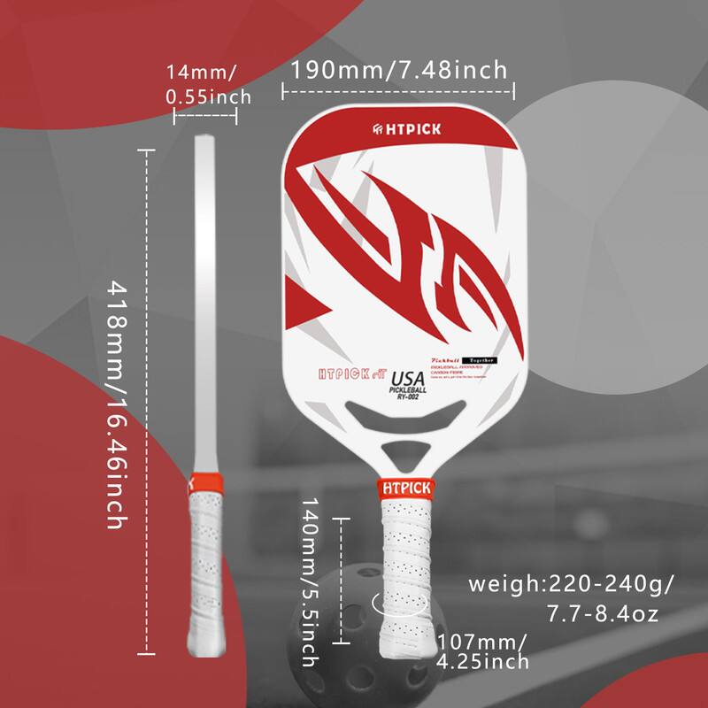 - 418mm / 16.46inch
- 190mm / 7.48inch
- 140mm / 5.5inch
- 107mm / 4.25inch
- 14mm / 0.55inch
- weigh: 220-240g / 7.7-8.4oz
- HTPICK
- USA
- PICKLEBALL RY-002
