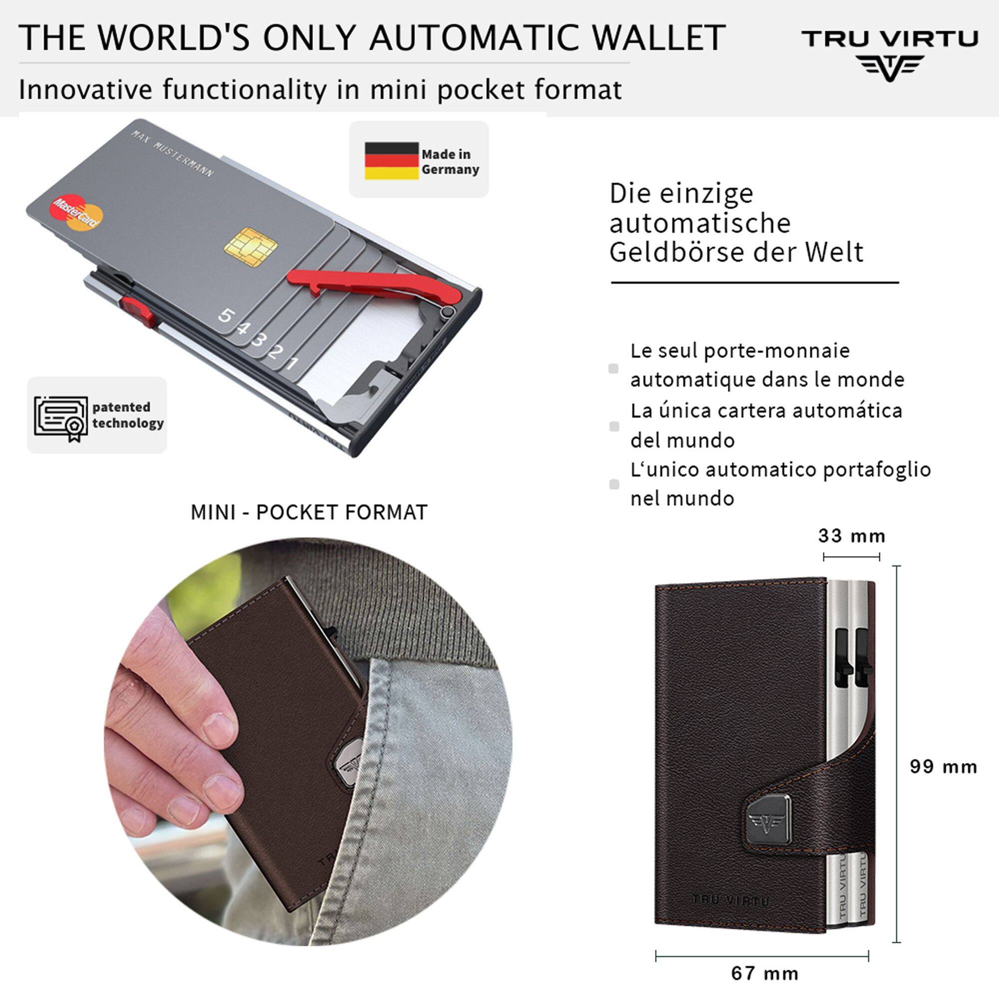 THE WORLD'S ONLY AUTOMATIC WALLET TRU VIRTU  
Innovative functionality in mini pocket format  
MAX  
Made in MUSTERMANN Germany  
Die einzige MasterCard automatische Geldbörse der Welt  
5 4 3 2 1  
patented technology MINI - POCKET FORMAT  
Le seul porte-monnaie automatique dans le monde  
La única cartera automática del mundo  
L'unico automatico portafoglio nel mondo  
33 mm  
99 mm  
TRU VIRTO  
67 mm
