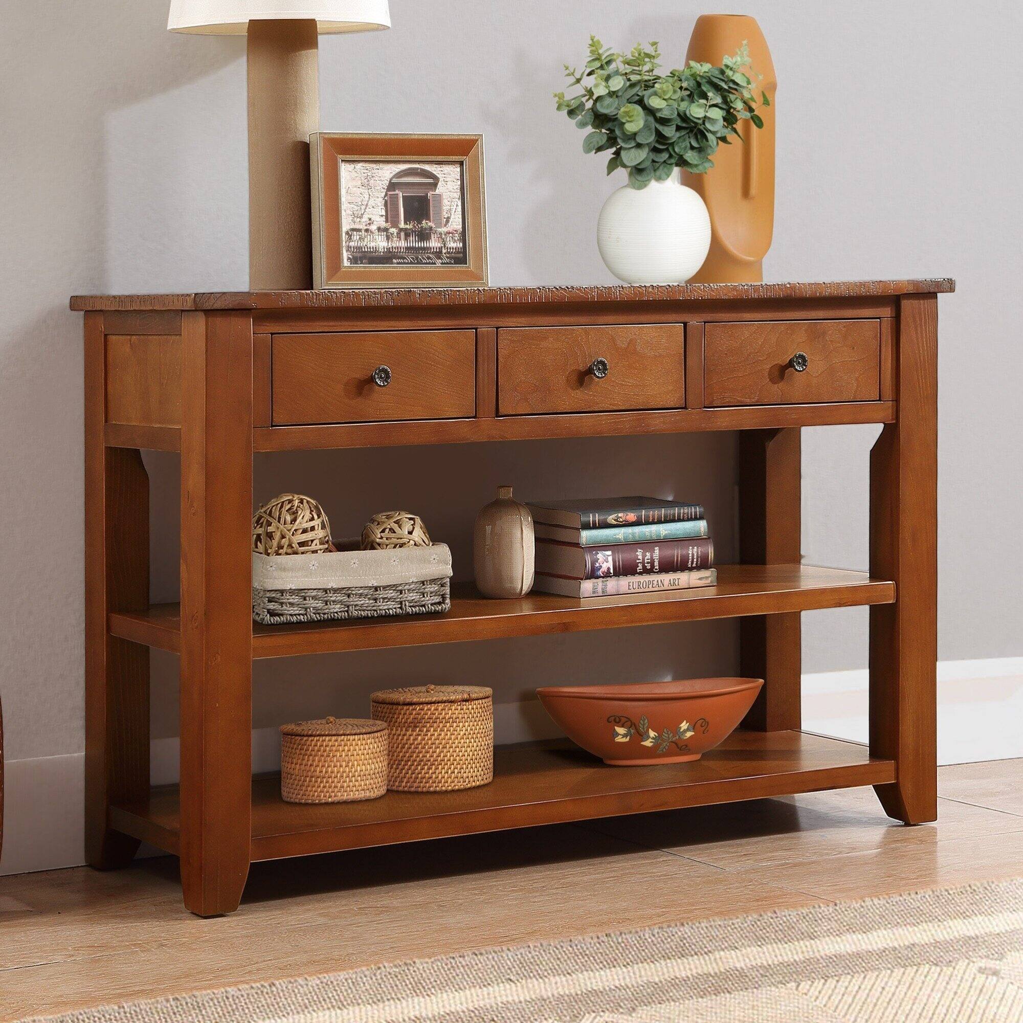 Left. GOODSILO - Solid Wood Console Table with Storage Drawers and Shelves for Entryway, Living Room, or Bedroom - Brown.