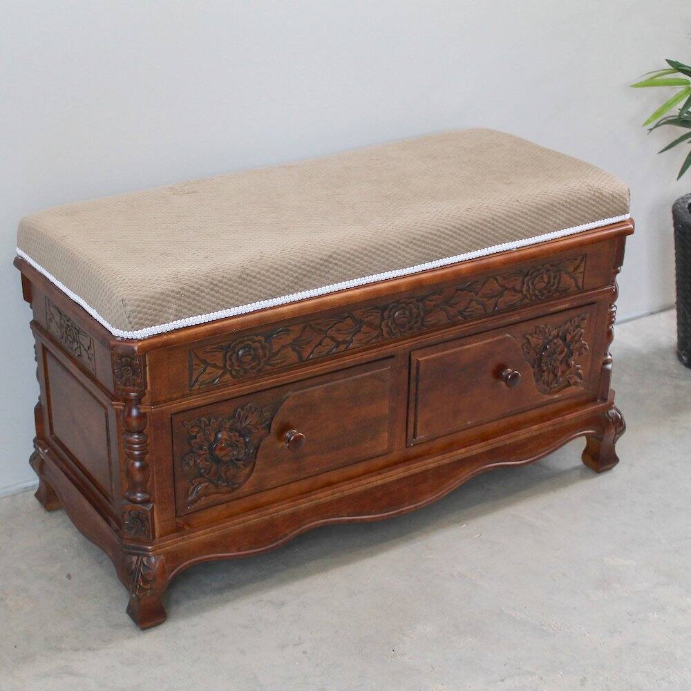 Angle. International Caravan - International Caravan Carved Wood 2 Drawer Storage Bench - Brown Stain.
