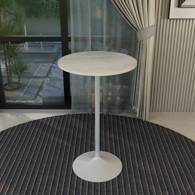 Angle. LeisureMod - Verve 27 Inch Round Bar Height Table with Marbleized White Laminated Top and White Base, Modern Bistro Pub Table - White Marbleized.