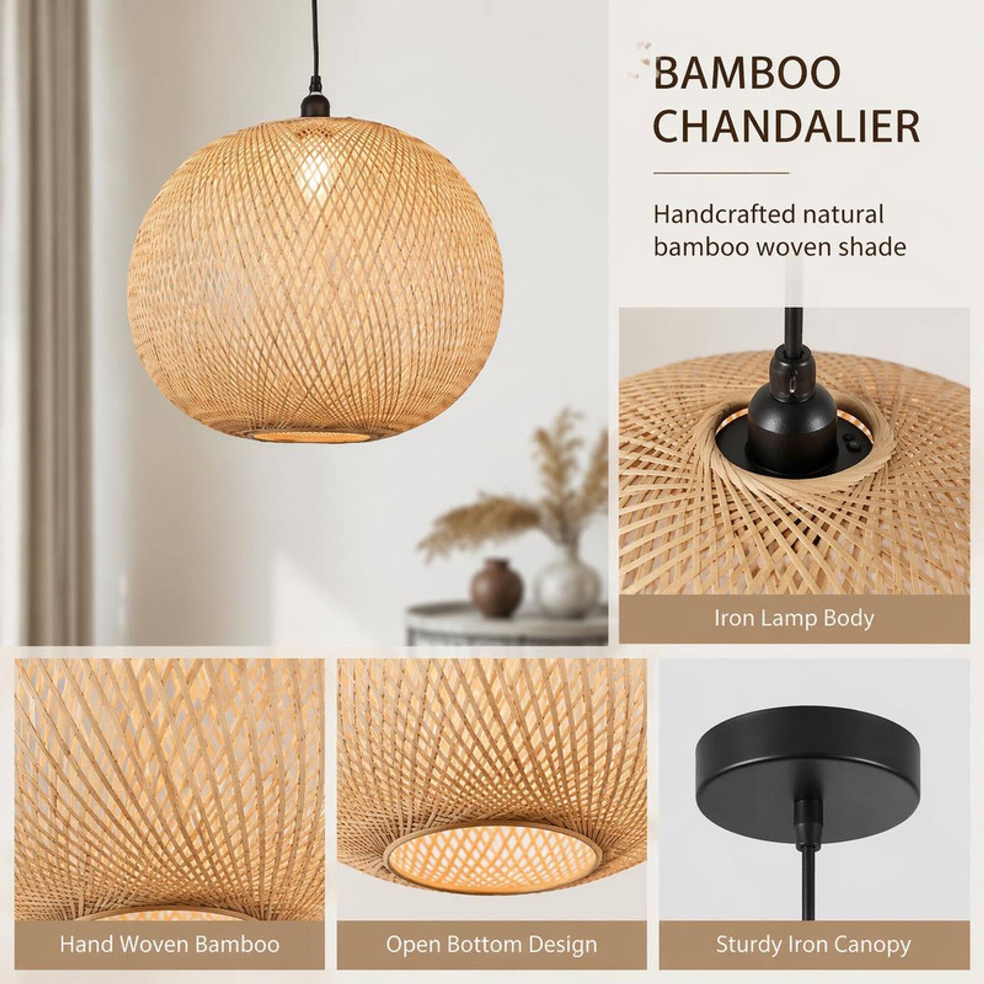 BAMBOO CHANDALIER

- Handcrafted natural bamboo woven shade
- Iron Lamp Body
- Hand Woven Bamboo
- Open Bottom Design
- Sturdy Iron Canopy