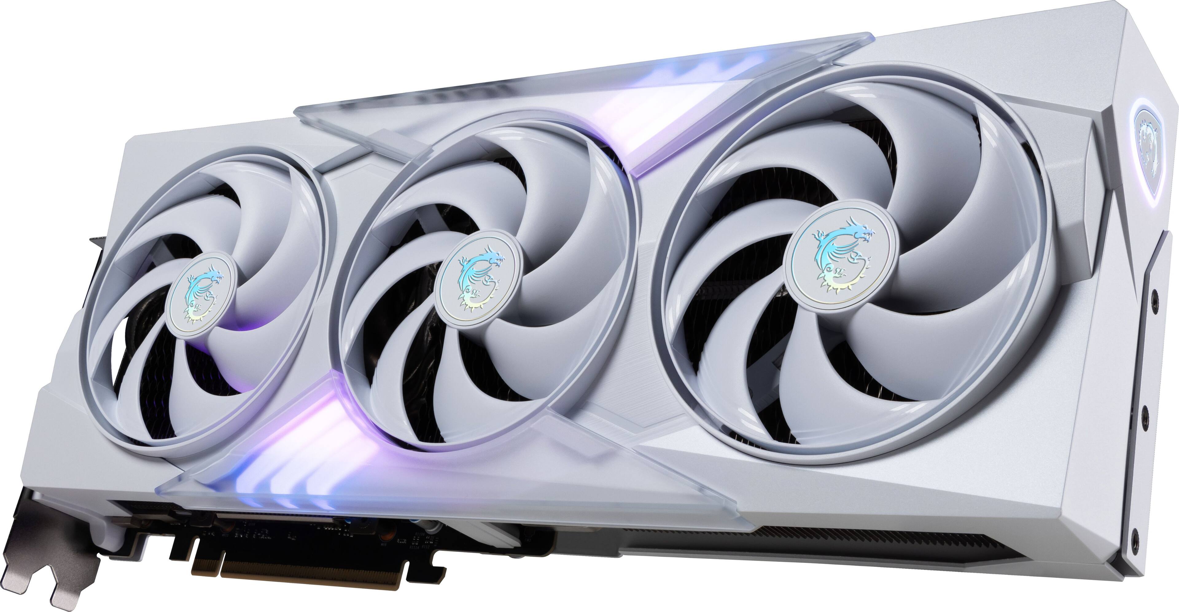 The image shows a computer with a white case and three fans on the side. The fans are purple and white, and they are arranged in a row. The fans are likely part of a cooling system for the computer.