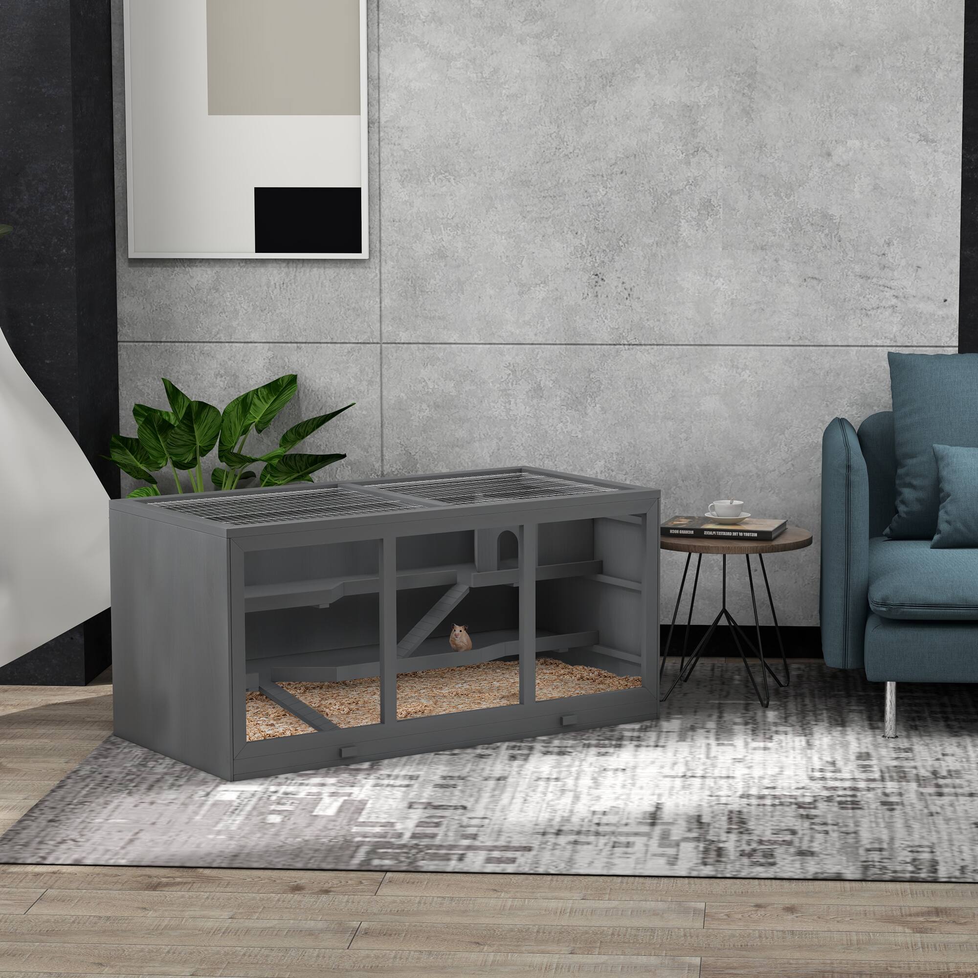 Angle. Pawhut - 45" Extra Large Wooden Hamster Cage, 3-Layer Chewproof Rat Cage with Opening Roof, Hut, Ramps.