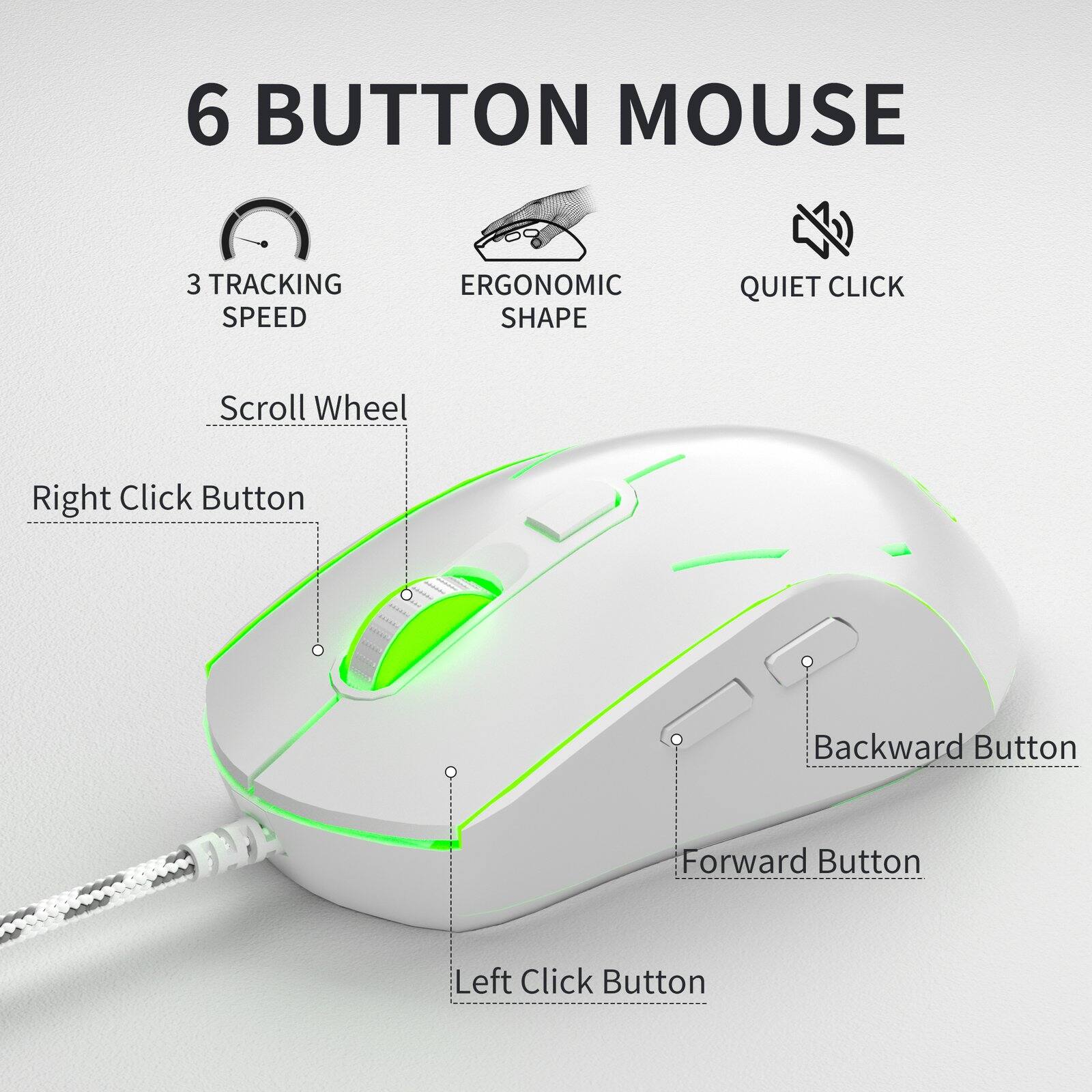 6 BUTTON MOUSE  
3 TRACKING SPEED  
ERGONOMIC SHAPE  
QUIET CLICK  
Scroll Wheel  
Right Click Button  
Backward Button  
Forward Button  
Left Click Button