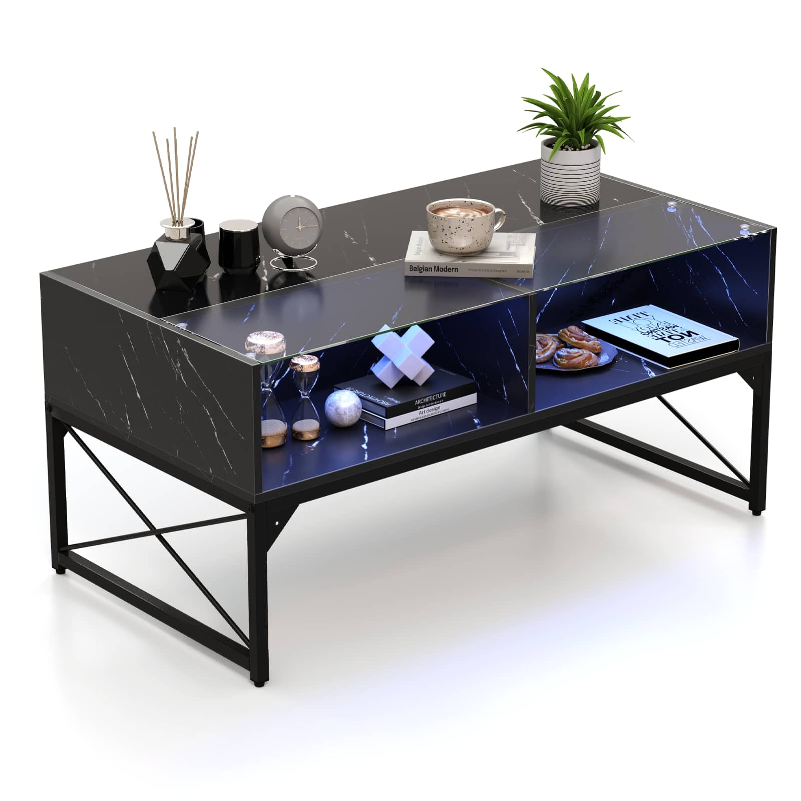 Costway - LED Coffee Table with 4 Storage Cubes Faux Marble & Tempered Glass Top for Living Room - Black