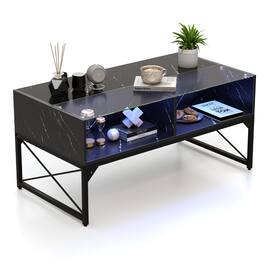 Costway - LED Coffee Table with 4 Storage Cubes Faux Marble & Tempered Glass Top for Living Room - Black
