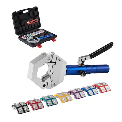 Front. VEVOR - Hydraulic Hose Crimper, Hydra-Krimp AC Hose Crimper Kit with 7 Dies Snap-On, Manual Hydraulic A/C Hoses Crimping Tool - Blue+Sliver.