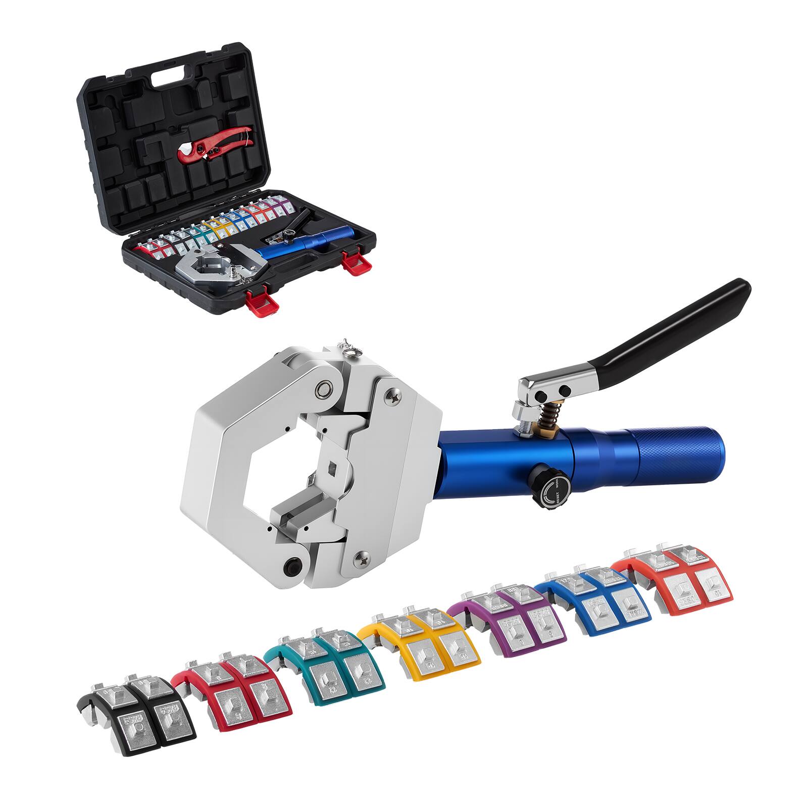 Front. VEVOR - Hydraulic Hose Crimper, Hydra-Krimp AC Hose Crimper Kit with 7 Dies Snap-On, Manual Hydraulic A/C Hoses Crimping Tool - Blue+Sliver.