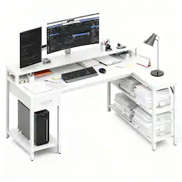 Bestier - Gaming Desk - L-Shape Office Desk with RGB Light, Charging Station, Monitor Riser & Shelves - White