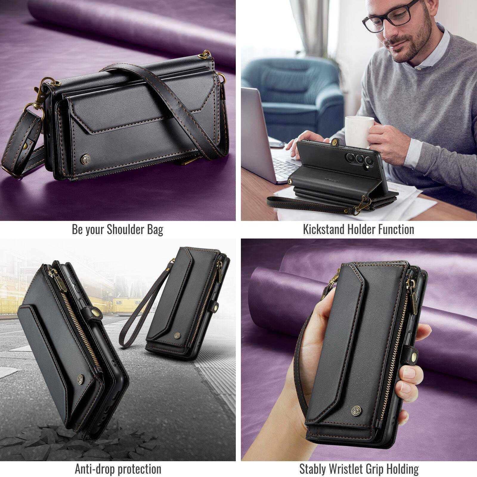 Be your Shoulder Bag  
Kickstand Holder Function  
Anti-drop protection  
Stably Wristlet Grip Holding