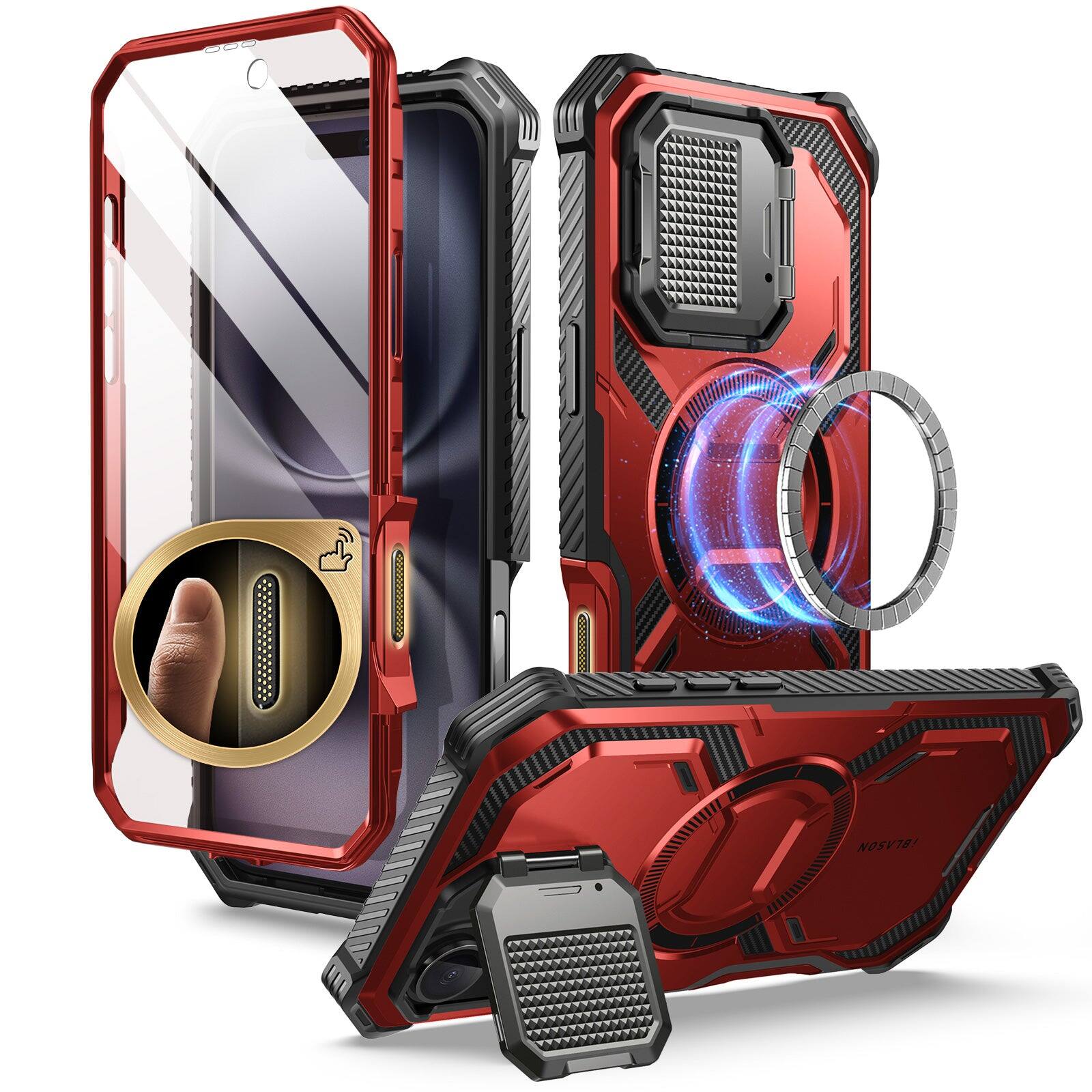 Alt View 8. i-Blason - i-Blason Armorbox Case for iPhone 16 Plus – MagSafe, Kickstand, Screen Protector, Military-Grade - Metallic Red.