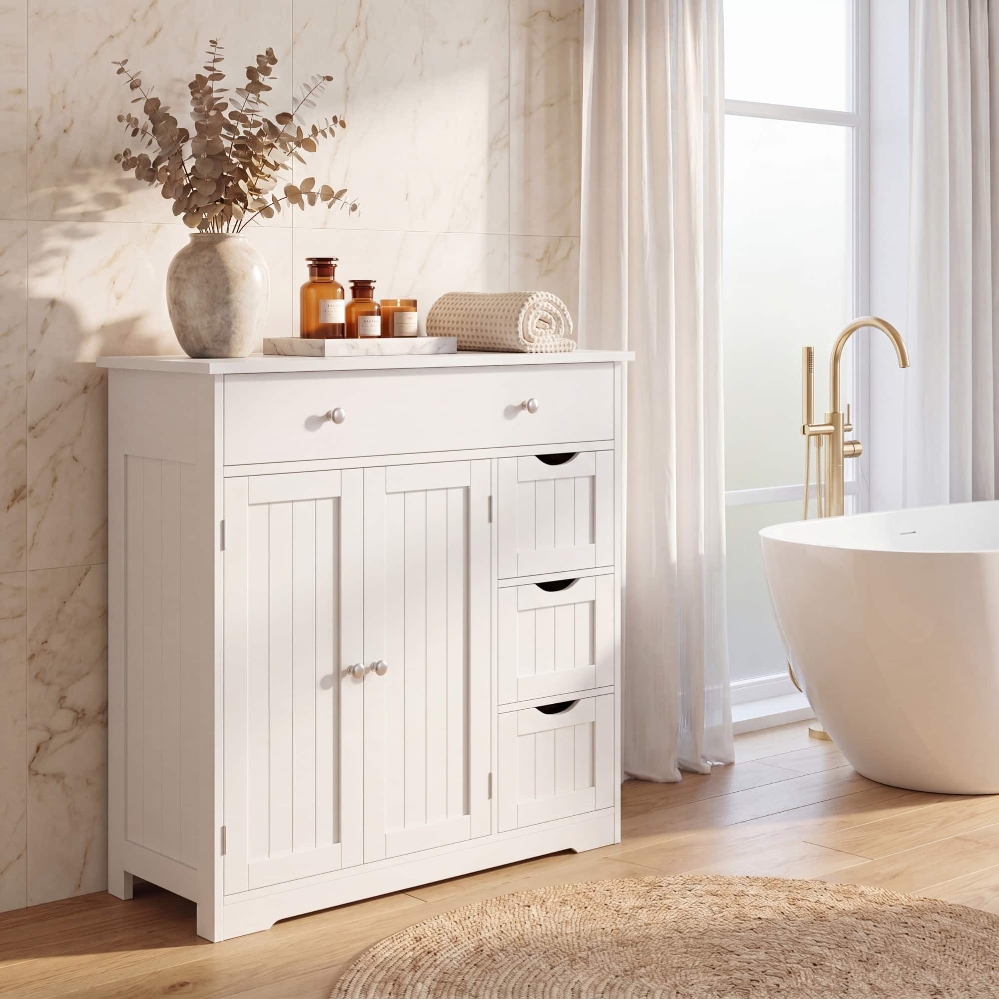 Costway - Bathroom Floor Cabinet, Storage Cabinet with 4 Drawers,2 Doors&Adjustable Shelf - White price history on PriceWatchPro