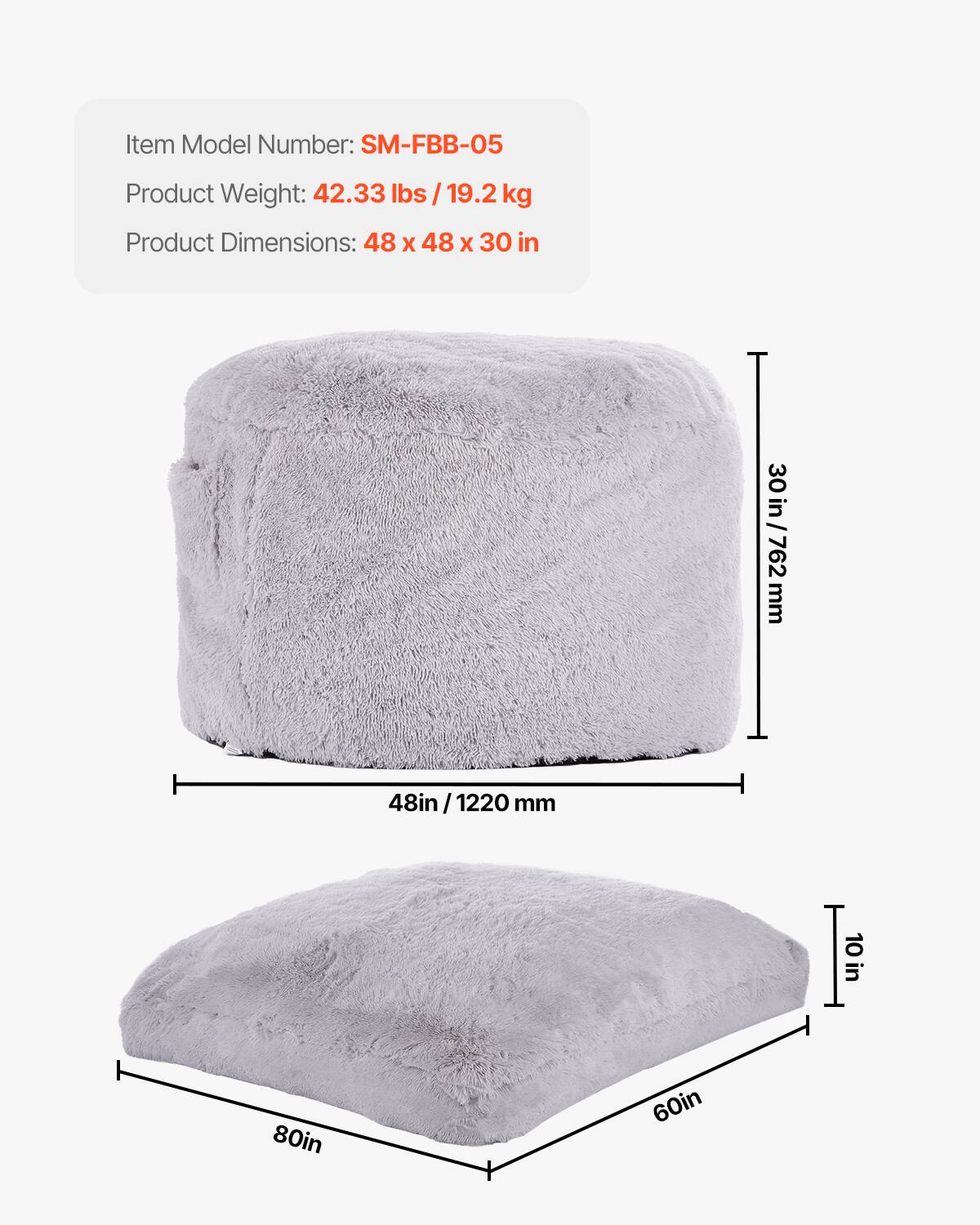 Item Model Number: SM-FBB-05  
Product Weight: 42.33 lbs / 19.2 kg  
Product Dimensions: 48 x 48 x 30 in  

48in / 1220 mm  
30in / 762 mm  
80in  
60in  
10in