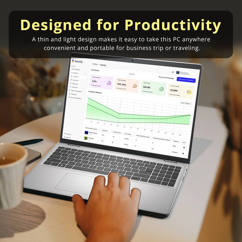 Designed for Productivity  
A thin and light design makes it easy to take this PC anywhere convenient and portable for business trip or traveling.  

Sastrify  
- Inventory  
- 120 Incident Report  
- SL 102.2ML  
- $1009  

- 2  
- 4  

- 1  
- 1  

- Eal