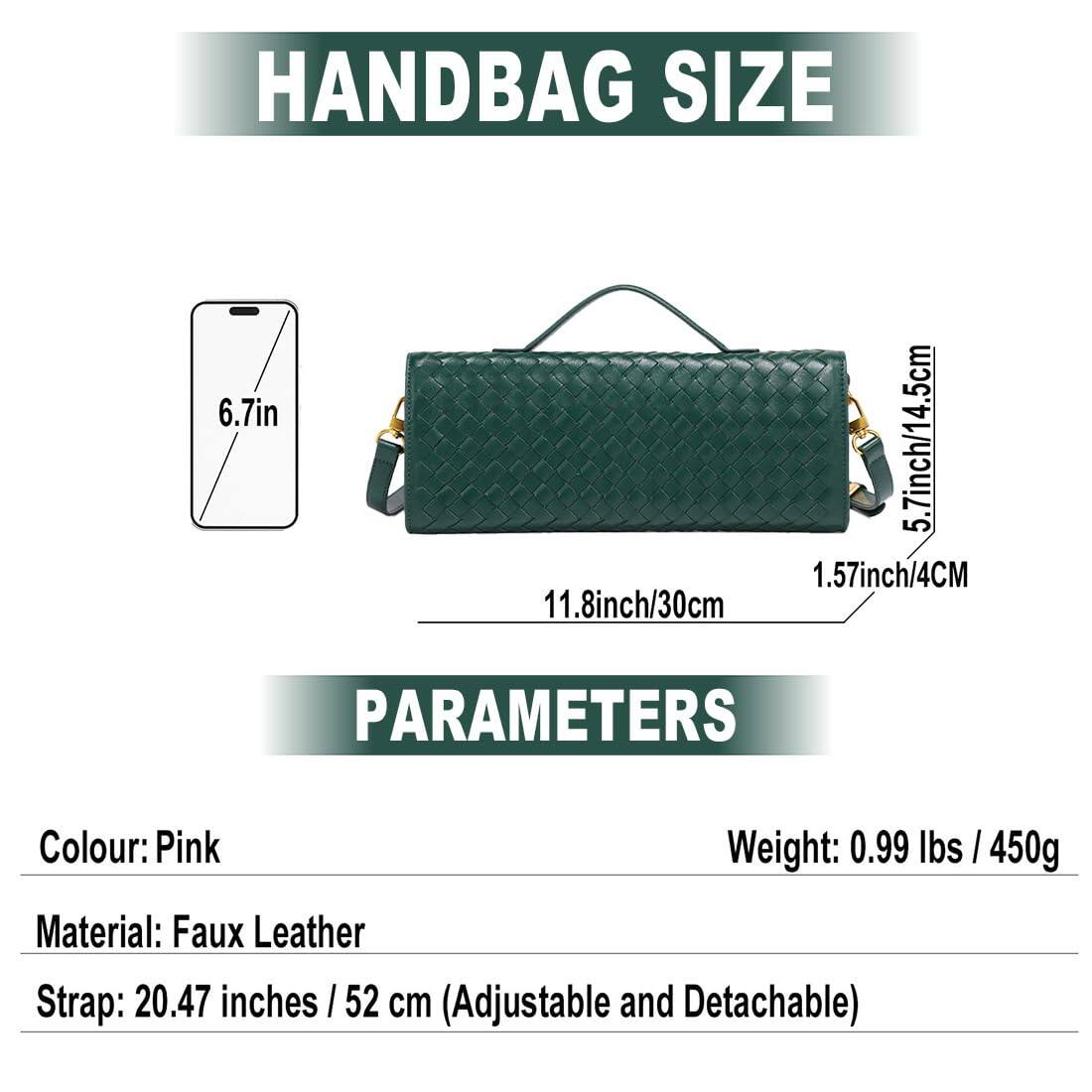 **Handbag Size:**
- Width: 6.7 inches / 17 cm
- Height: 5.7 inches / 14.5 cm
- Depth: 1.57 inches / 4 cm
- Length: 11.8 inches / 30 cm

**Parameters:**
- Colour: Pink
- Weight: 0.99 lbs / 450 g
- Material: Faux Leather
- Strap: 20.47 inches / 52 cm (Adjustable and Detachable)