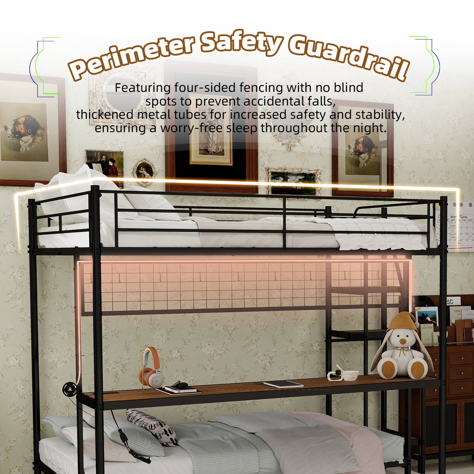 Perimeter Safety Guardrail

Featuring four-sided fencing with no blind spots to prevent accidental falls, thickened metal tubes for increased safety and stability, ensuring a worry-free sleep throughout the night.
