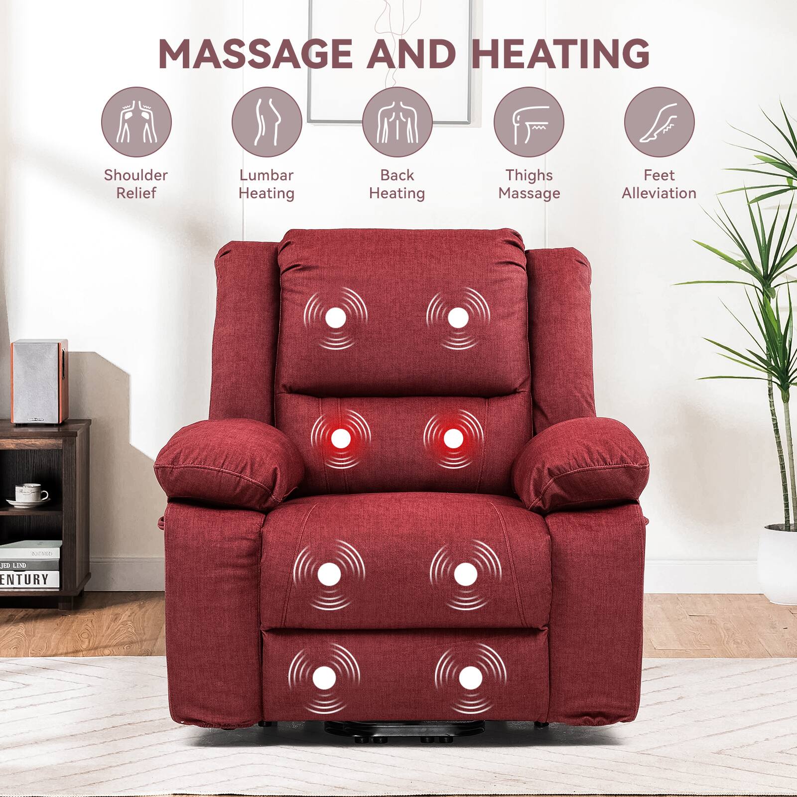 MASSAGE AND HEATING
Shoulder Relief
Lumbar Heating
Back Heating
Thighs Massage
Feet Alleviation
Burns RD LN ENTURY
