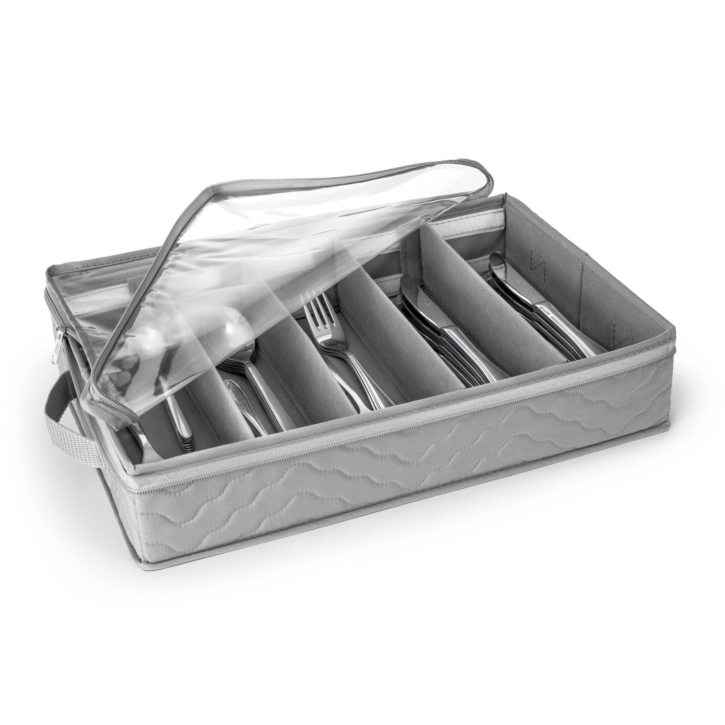 Sorbus - Fabric Chest Flatware & Silverware Organizer Box with Zipper Clear Lid & Adjustable Divider - Gray