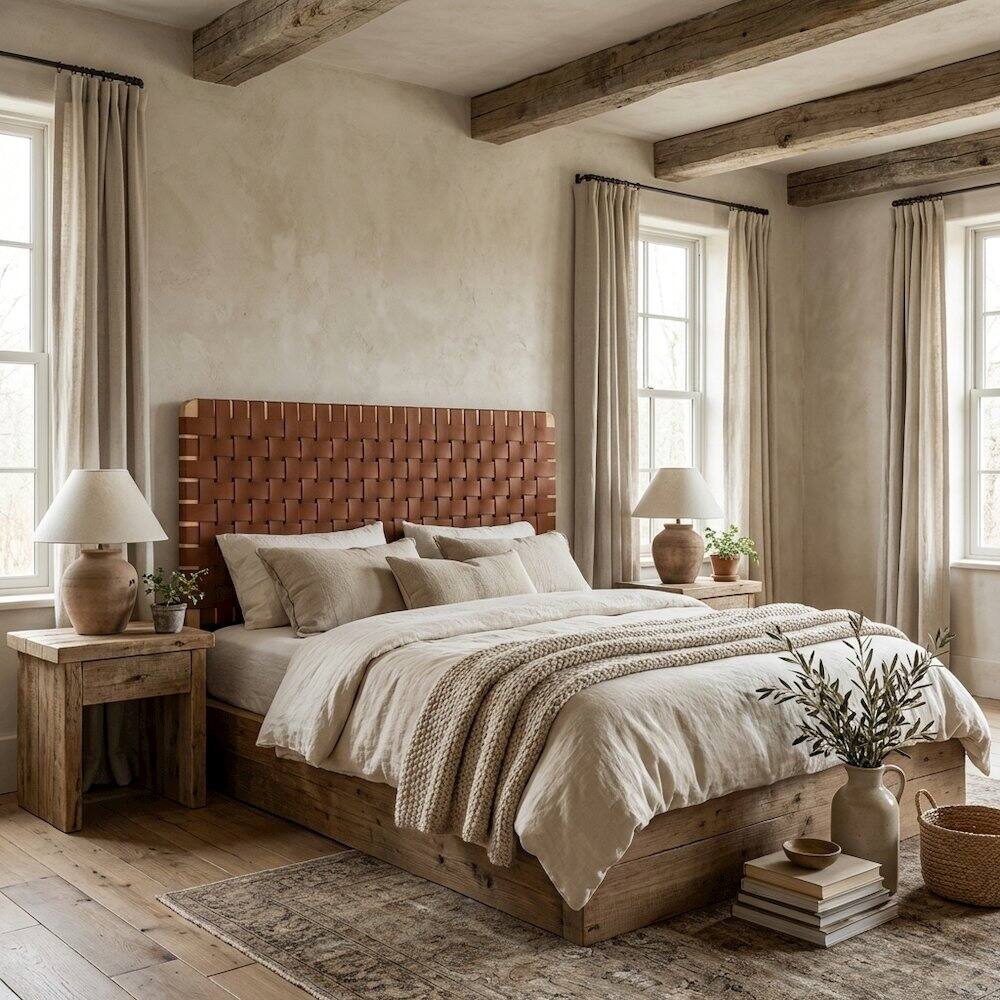 Angle. FurniFact - Vegan Leather Queen Headboard with Woven Texture and Durable Frame - Brown.