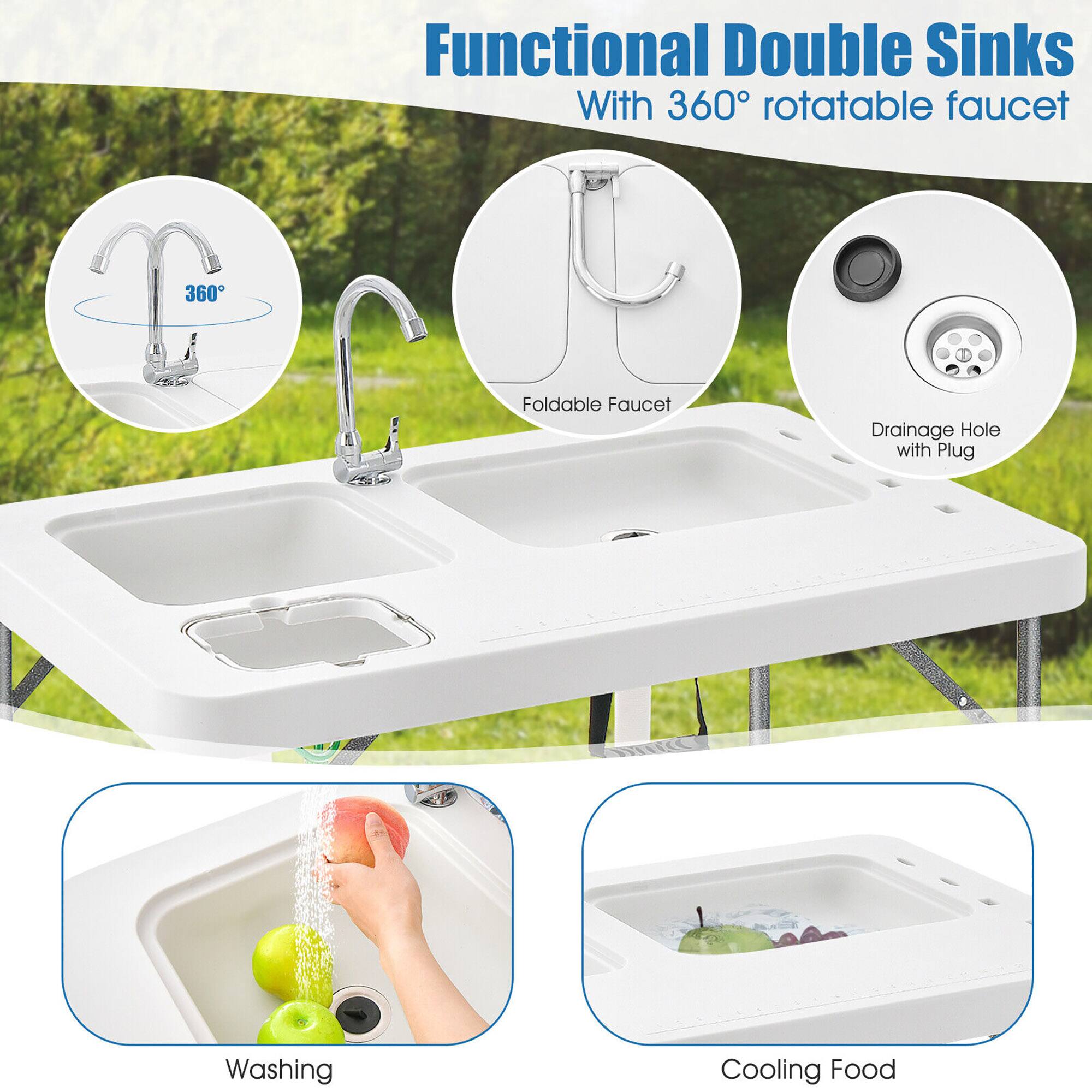Functional Double Sinks  
With 360° rotatable faucet  

- 360° rotatable faucet  
- Foldable Faucet  
- Drainage Hole with Plug  

Washing  
Cooling Food
