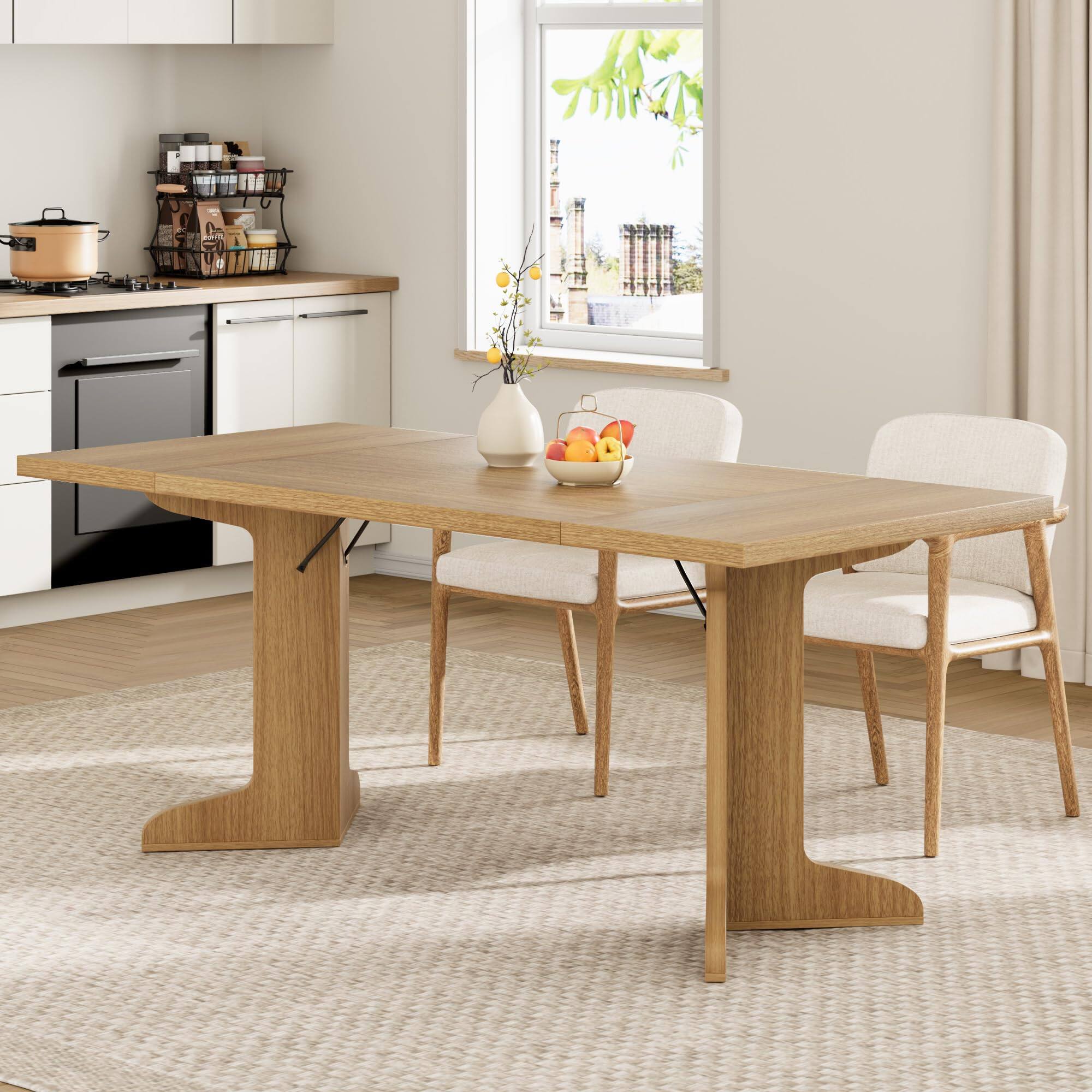 Front. Homhougo - 71" Modern Rectangle Dining Table – Seats 6–8, Unique Wooden Legs, Table Only - Natural.