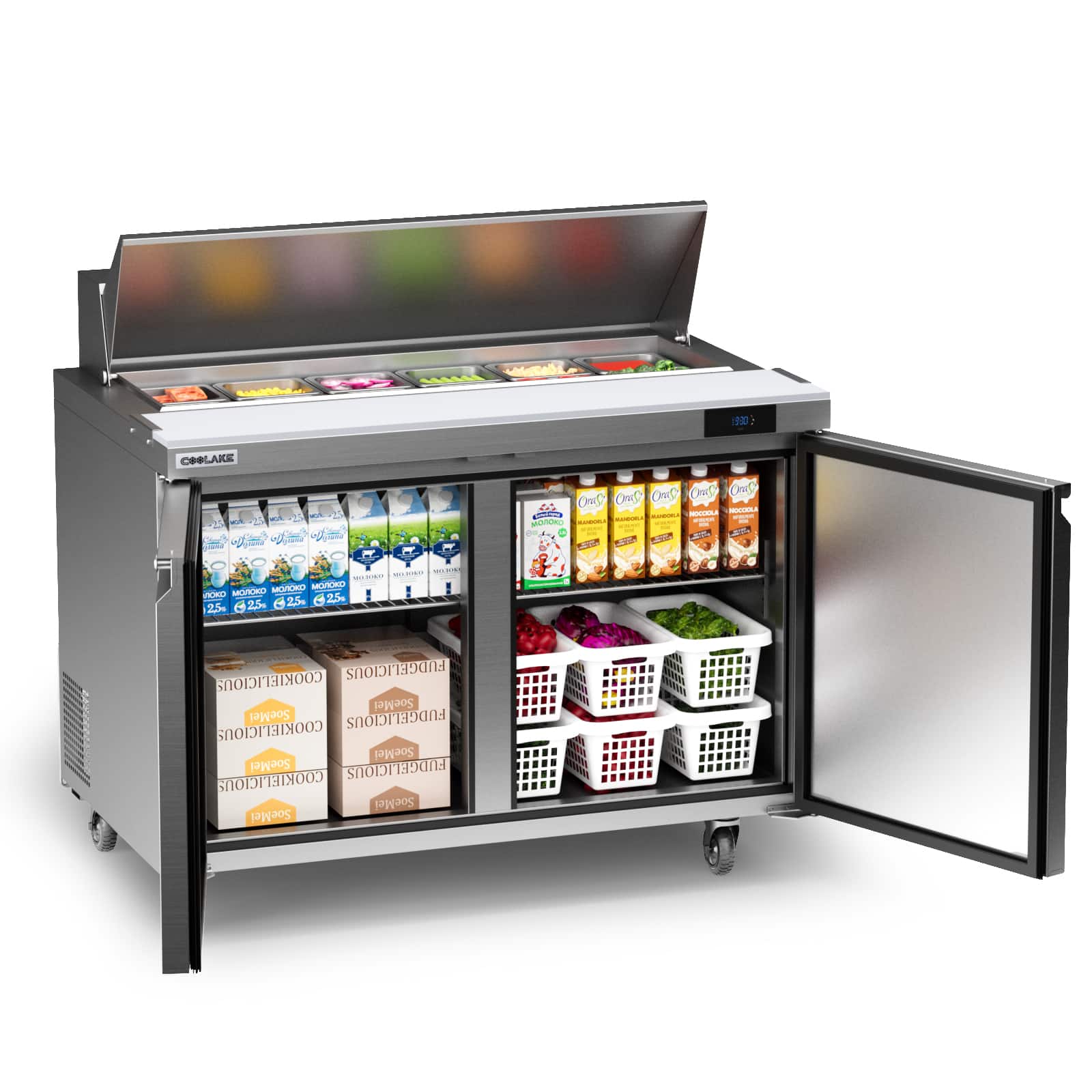 Coolake - 48''W 2 Door Commercial Salad Sandwich Prep Table Refrigerator 13.5 Cu.ft - Silver