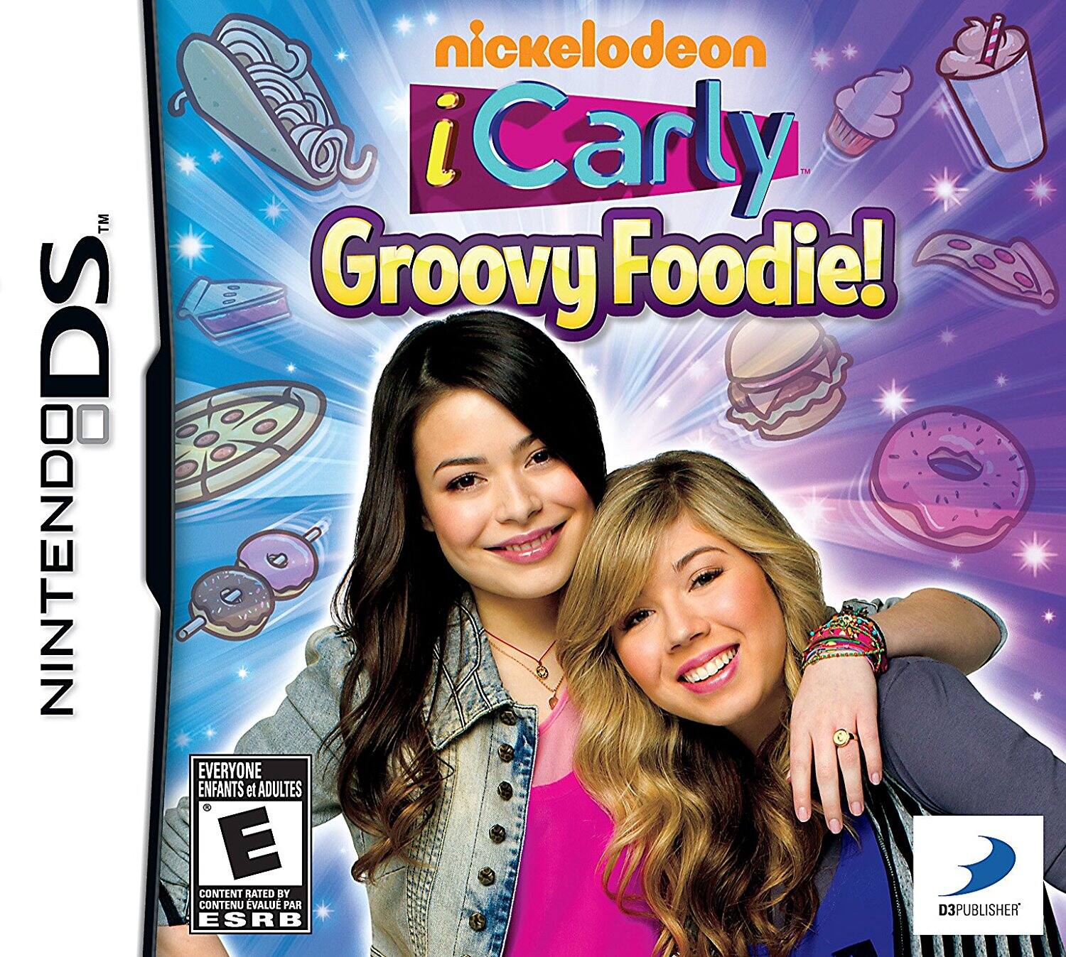 Sure, here is the corrected and grouped text from the image:

---

**Nintendo DS**

**Nickelodeon iCarly™ Groovy Foodie!**

**EVERYONE ENFANTS et ADULTES**

**CONTENT RATED BY ESRB**

**E**

**D3PUBLISHER**

--- - E (Everyone)