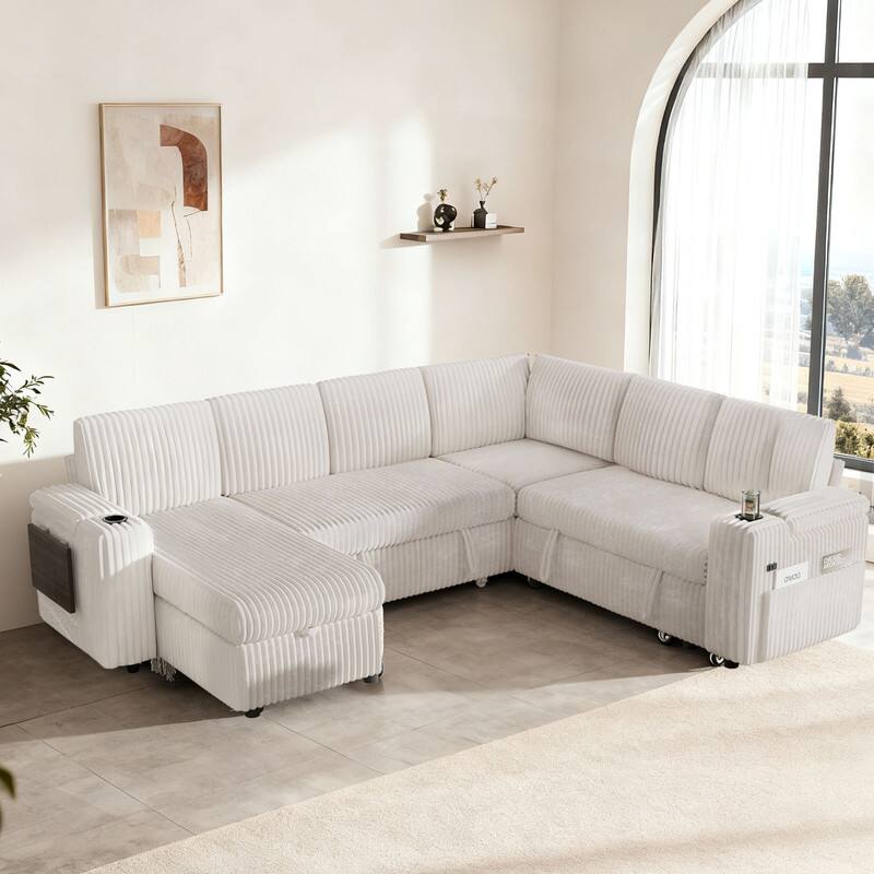 Left. Dyonery - 110" Modular Sectional Sofa with Pull Out Bed,Corduroy Fabric 7 Seat Sectional Sofa with Storage,for Living Room - Beige.